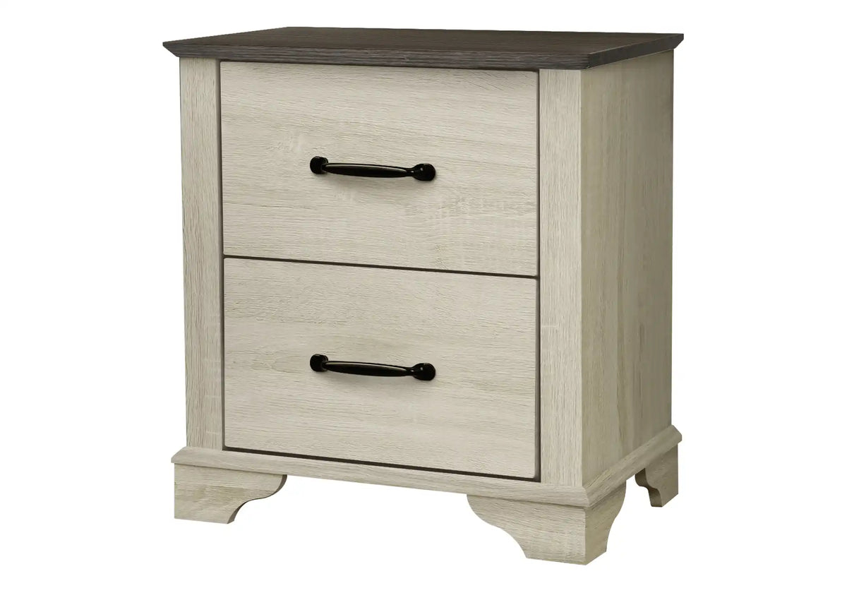 Table de chevet 2 tiroirs en chêne blanchi avec dessus chêne brun