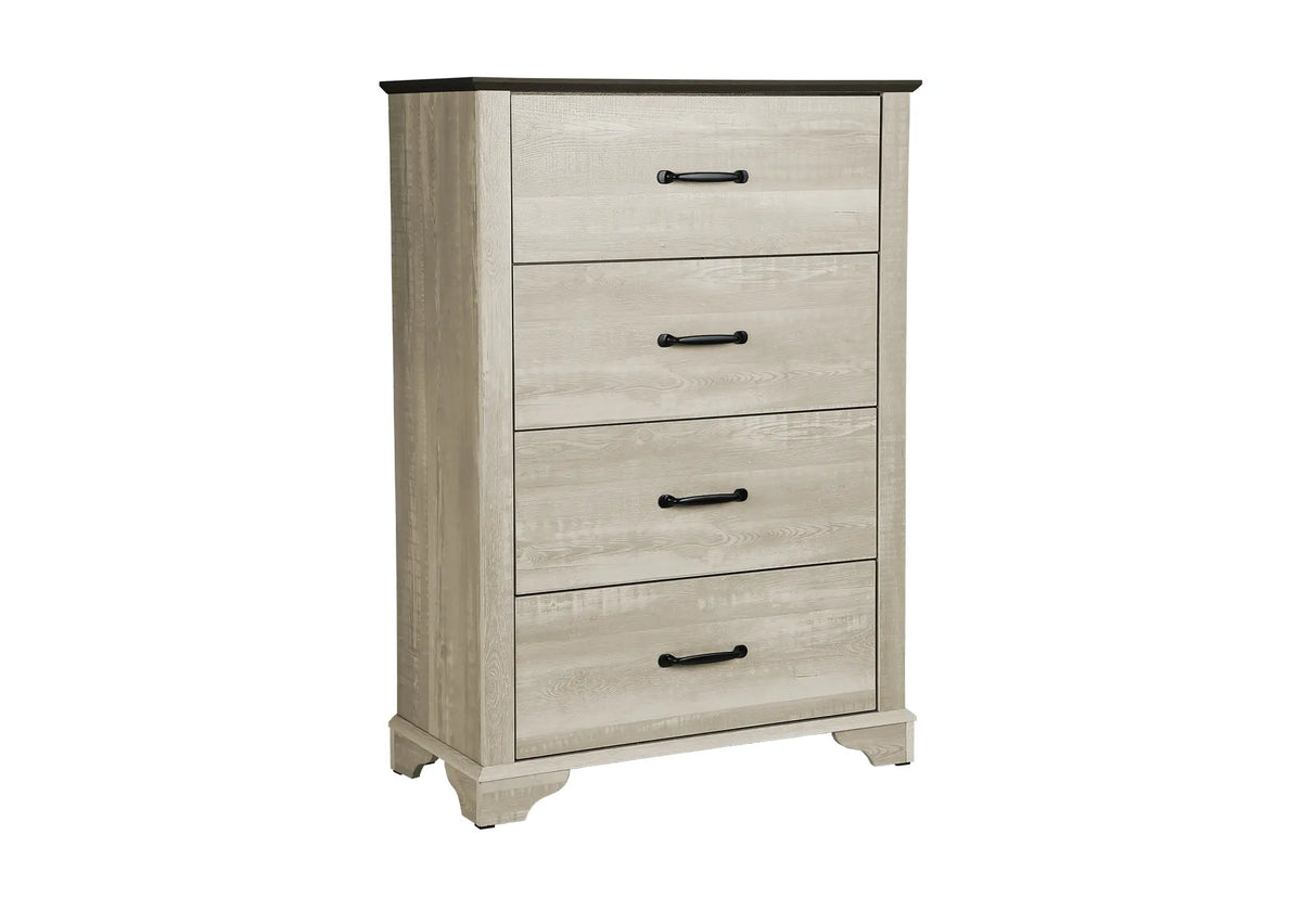 Commode 4 tiroirs en chêne blanchi avec dessus chêne brun