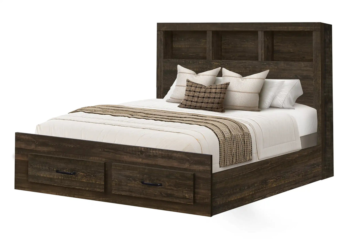 Lit Queen avec 2 tiroirs et rangement – Fini chêne rustique