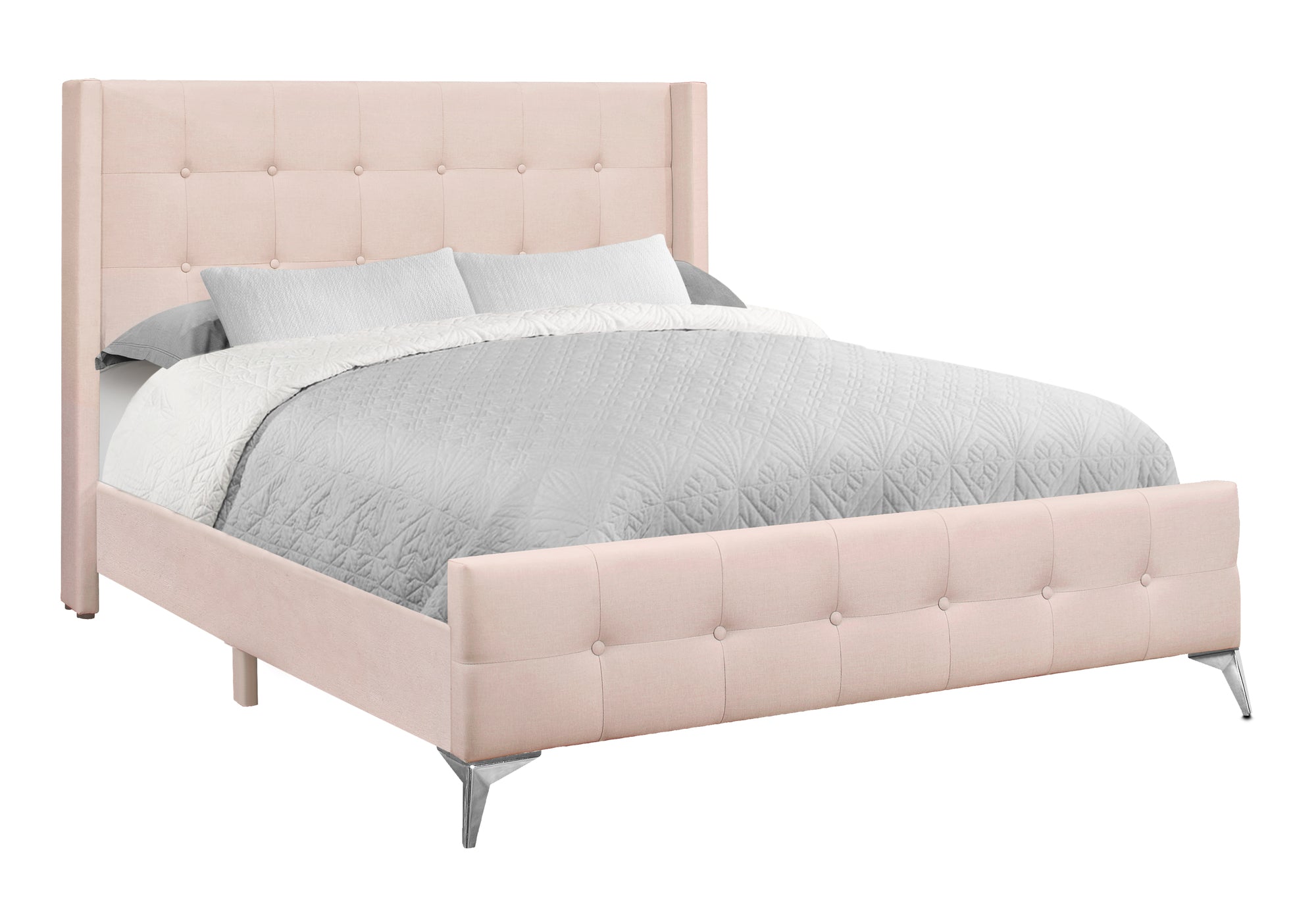 LIT - QUEEN SIZE / VELOURS ROSE AVEC PIEDS EN MÉTAL CHROME