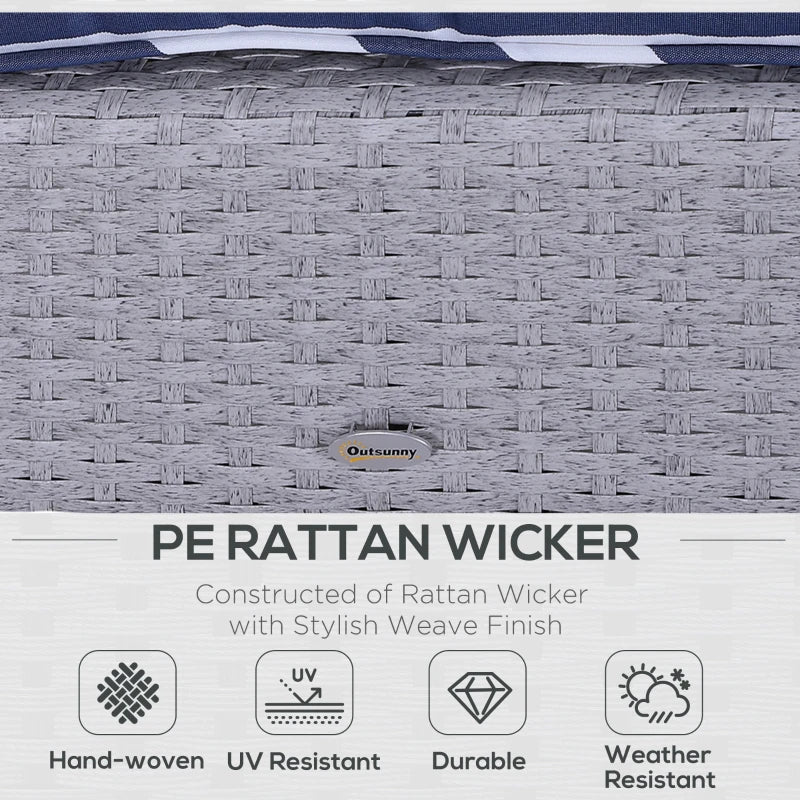 Ensemble de 5 meubles de patio en osier avec coussins rembourrés épais, ensemble de café de conversation en rotin PE avec fauteuils, repose-pieds et table en verre, bleu et blanc