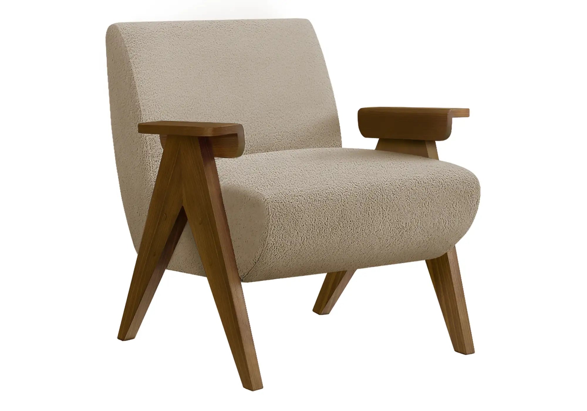 Fauteuil d'Appoint Tissu Beige et Pieds en Bois Noyer