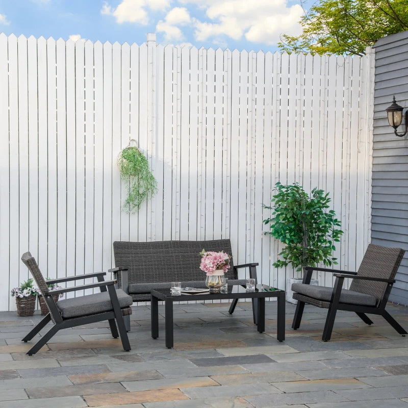 Ensemble de meubles de patio 4 pièces, ensemble de canapé d'extérieur avec cadre en aluminium, canapé en rotin PE avec 2 coussins, 1 causeuse et table basse avec plateau en verre trempé pour jardin, arrière-cour, noir, gris