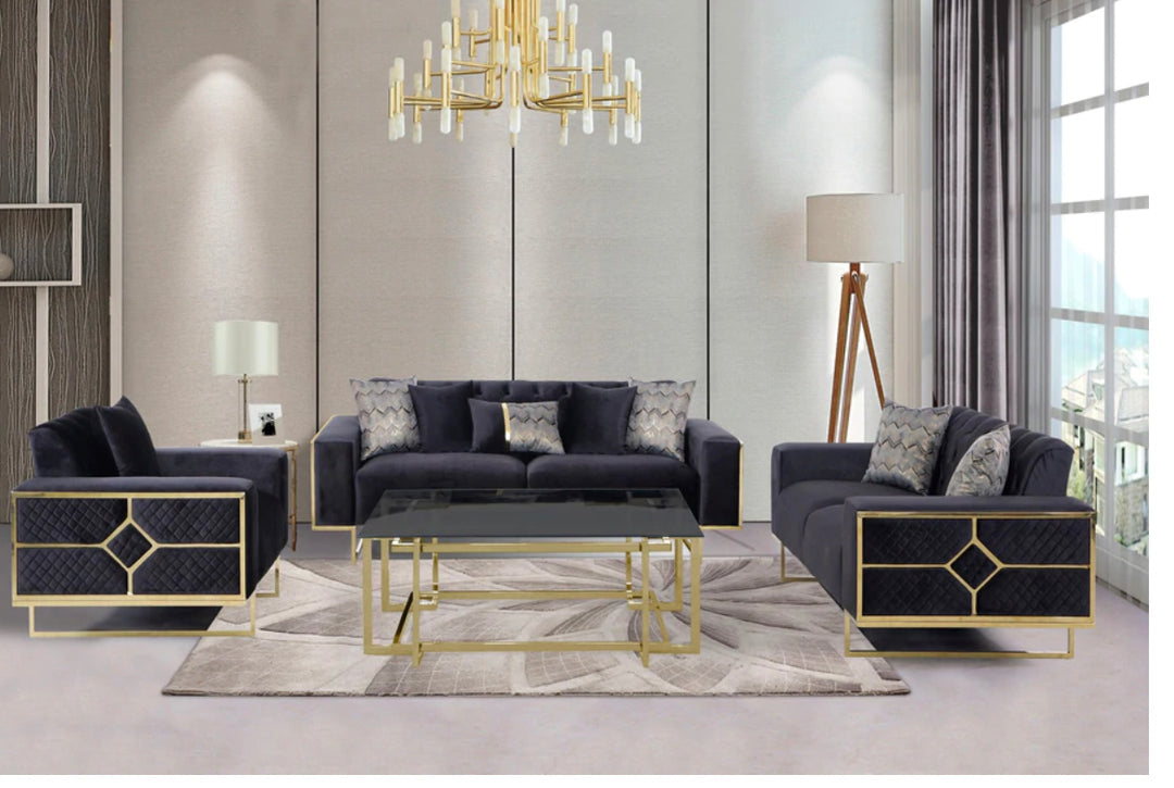 SET VELOURS NOIR AVEC DES ACCENTS DORÉS 2 MCX (Meuble Mtl)