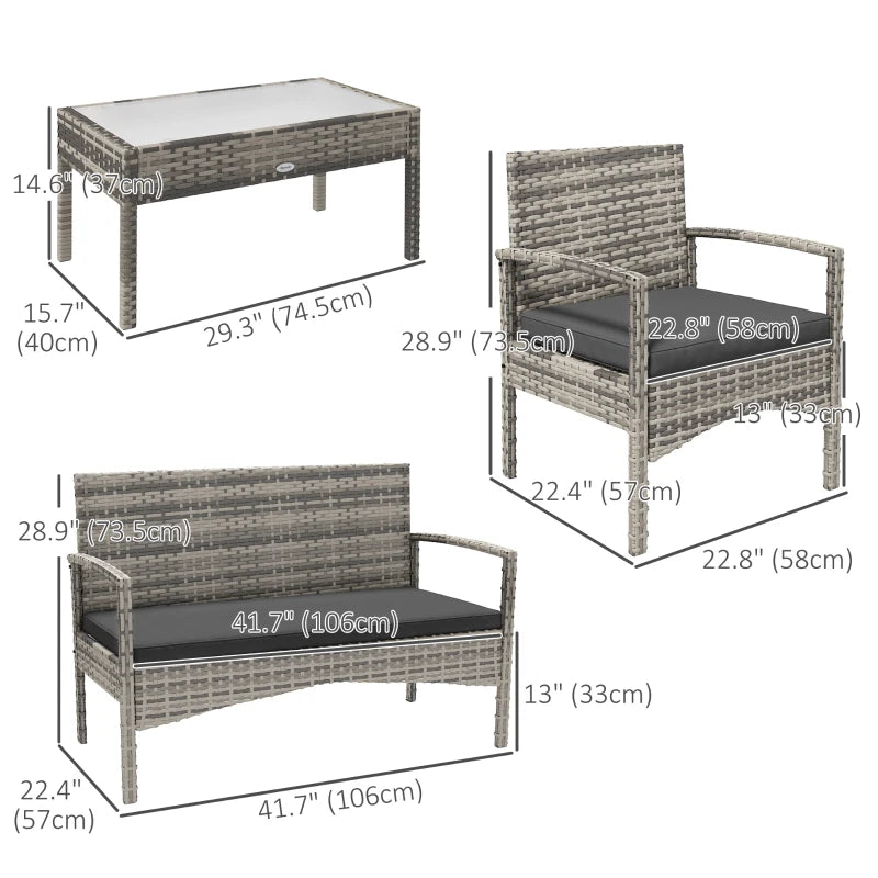 Ensemble de meubles de patio de 4 pièces avec canapé de causeuse, fauteuils, table en verre, canapé de conversation en osier extérieur,