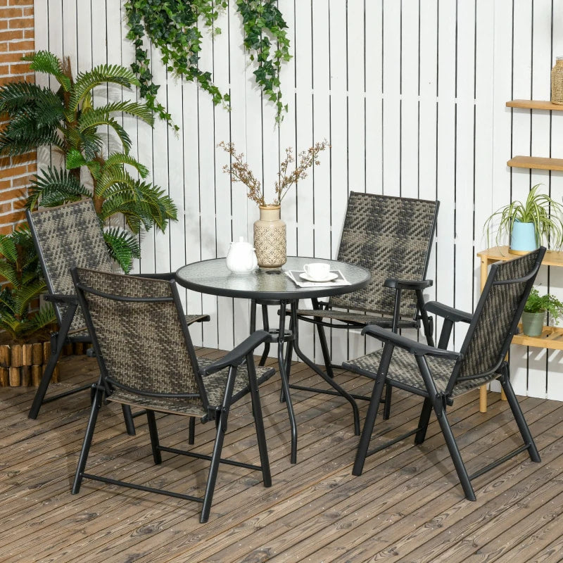 Ensemble de salle à manger de patio en osier 5 pièces, table de salle à manger de jardin ronde en verre de Φ 31,5 pouces avec trou pour parasol, fauteuil pliant en rotin PE pour l'extérieur, le camping, gris mélangé