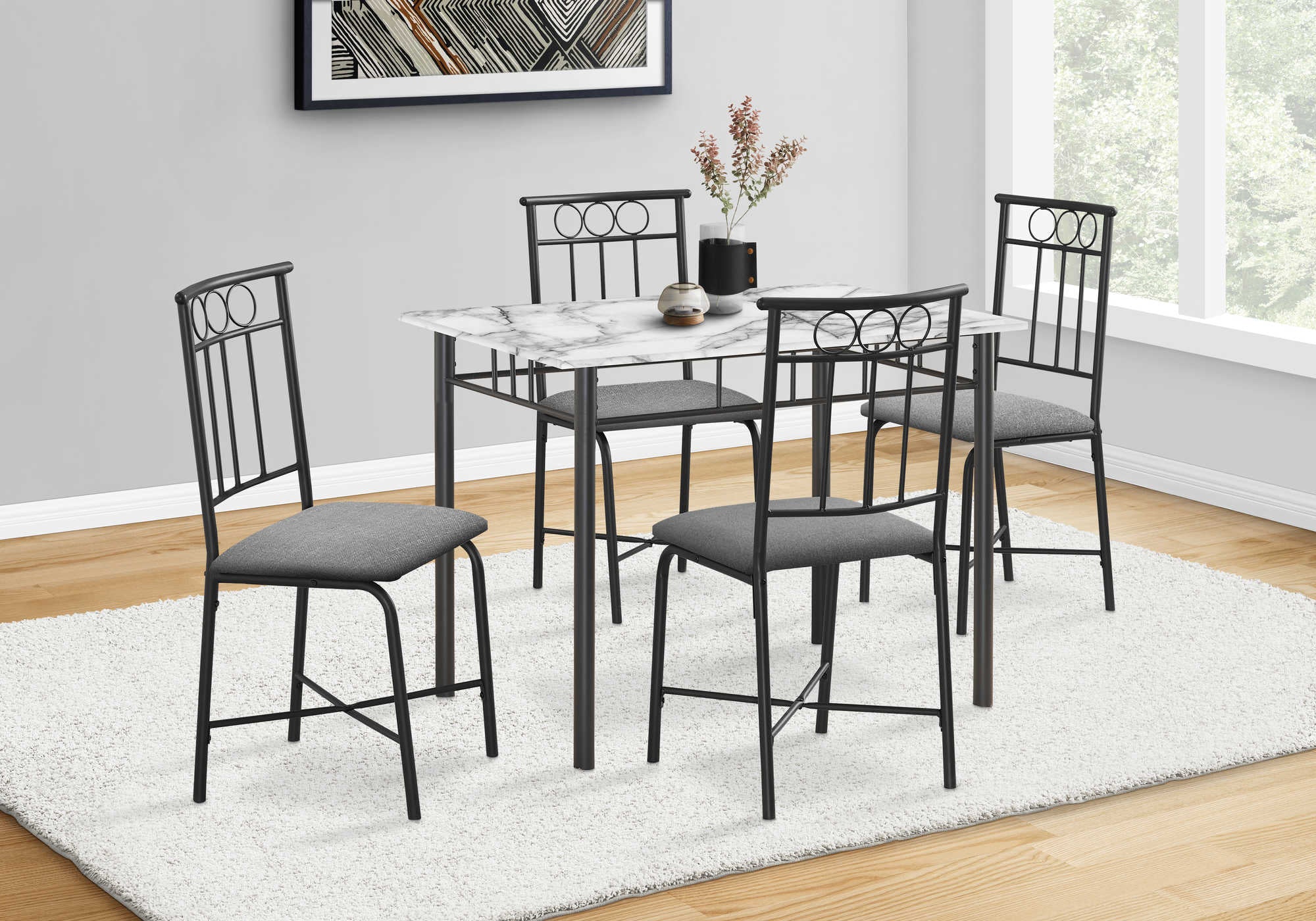 ENSEMBLE À SALLE À MANGER - ENSEMBLE 5PCS / PLATEAU EN MARBRE BLANC / MÉTAL NOIR
