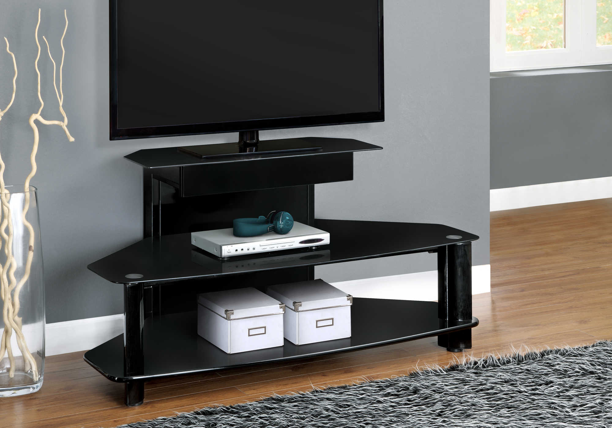 MEUBLE TV - 48"L / BOIS NOIR BRILLANT / MÉTAL / TREMPÉ ( Meuble Mtl ) 