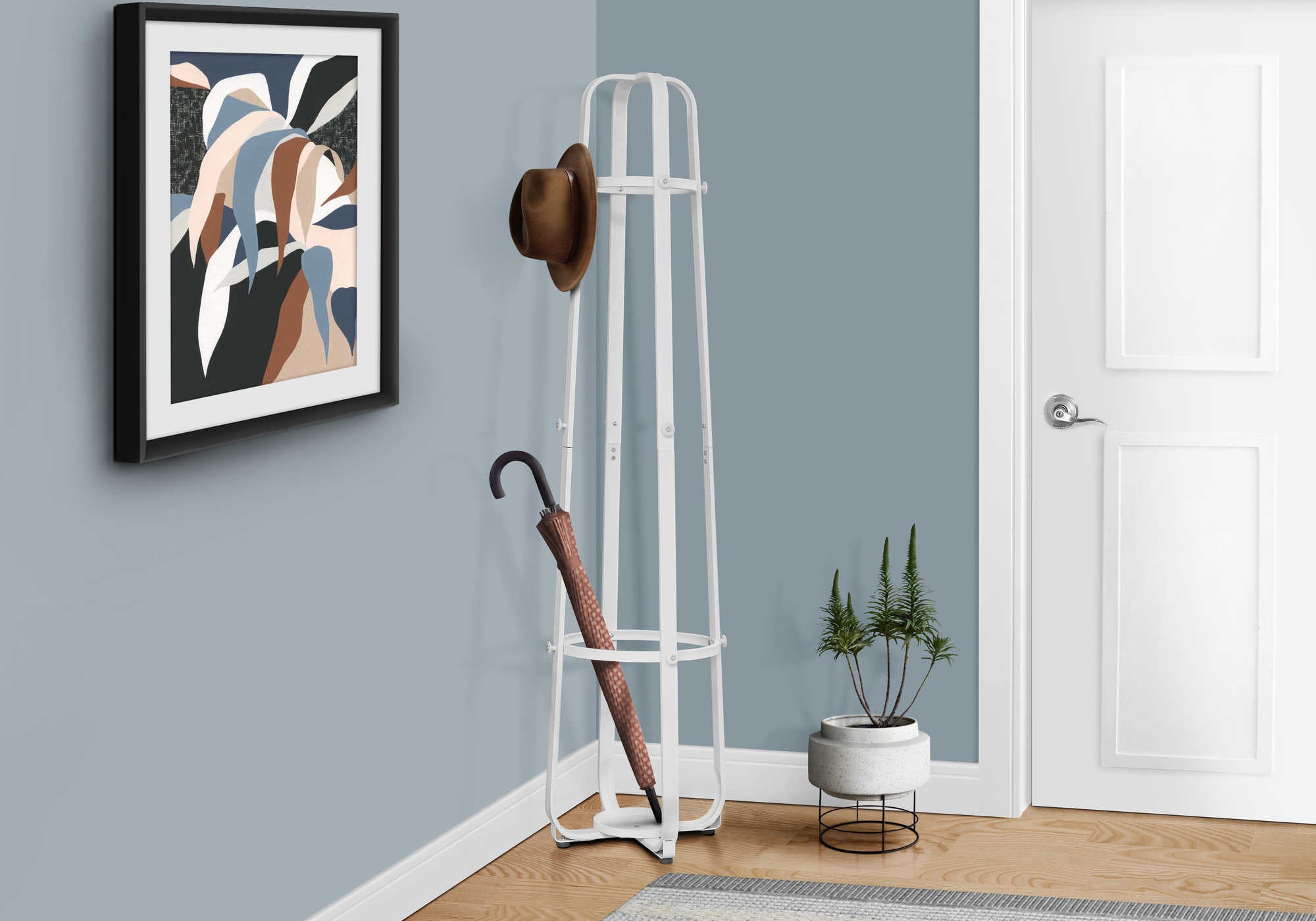 PORTE MANTEAU - 72"H / METAL BLANC AVEC PORTE PARAPLUIE ( Meuble Mtl ) 