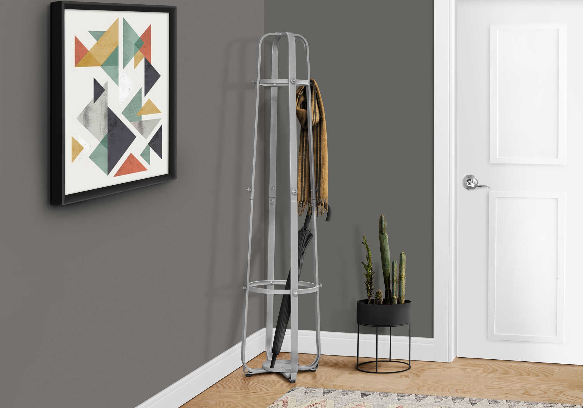 PORTE MANTEAU - 72"H / METAL ARGENT AVEC PORTE PARAPLUIE ( Meuble Mtl ) 