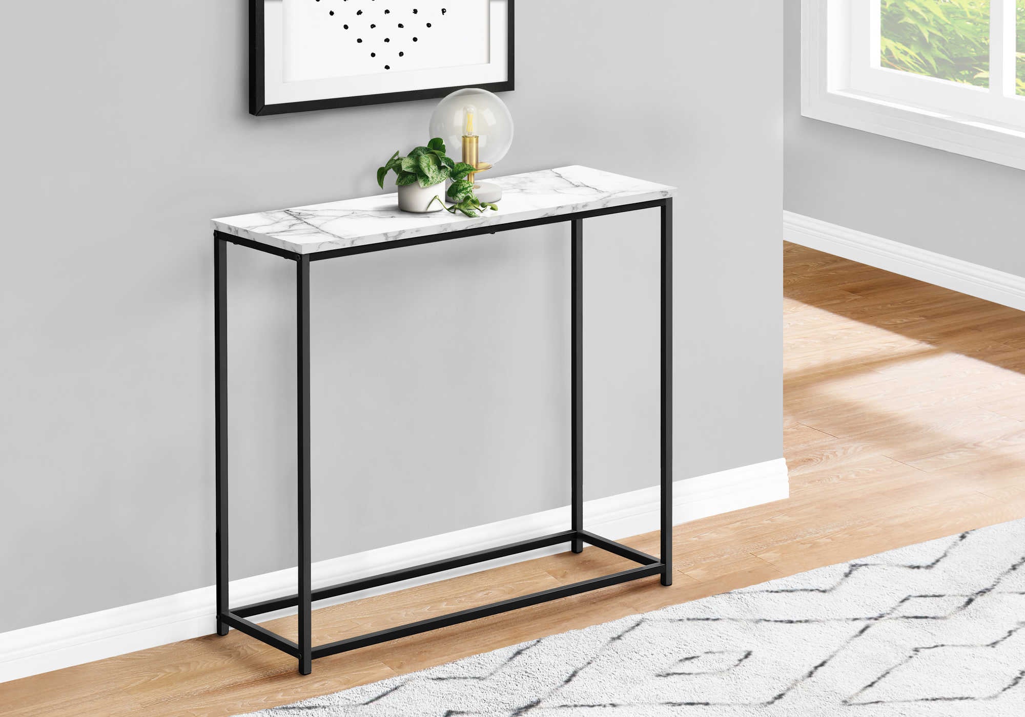 TABLE D'APPOINT - 32"L / MARBRE BLANC / CONSOLE METAL NOIR ( Meuble Mtl ) 