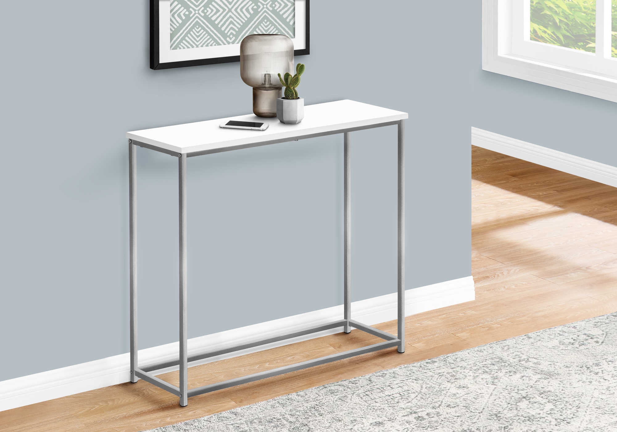 TABLE D'APPOINT - 32"L / BLANC / CONSOLE METAL ARGENT ( Meuble Mtl ) 