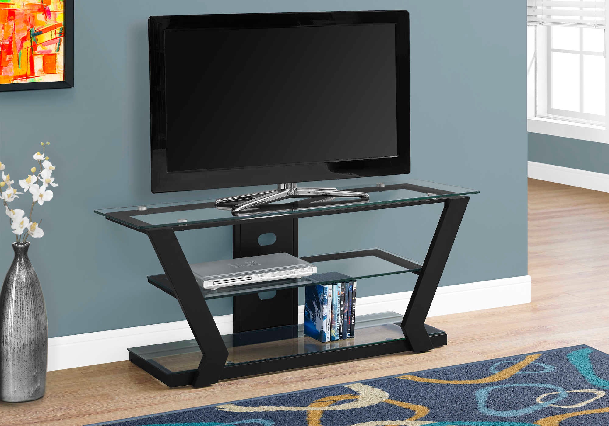 MEUBLE TV - 48"L / MÉTAL NOIR AVEC VERRE TREMPÉ ( Meuble Mtl ) 