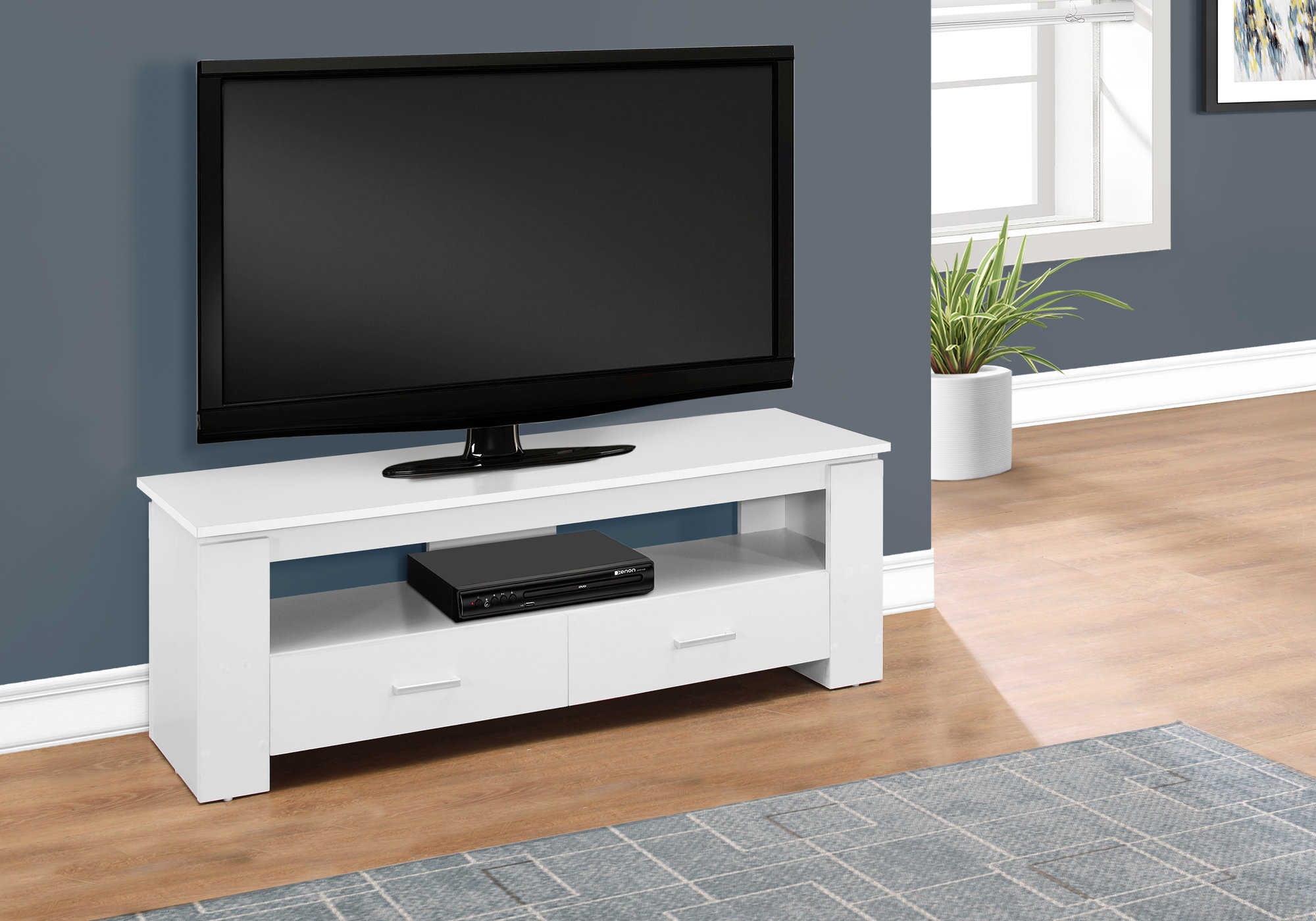 MEUBLE TV - 48"L / BLANC AVEC 2 TIROIRS DE RANGEMENT ( Meuble Mtl ) 