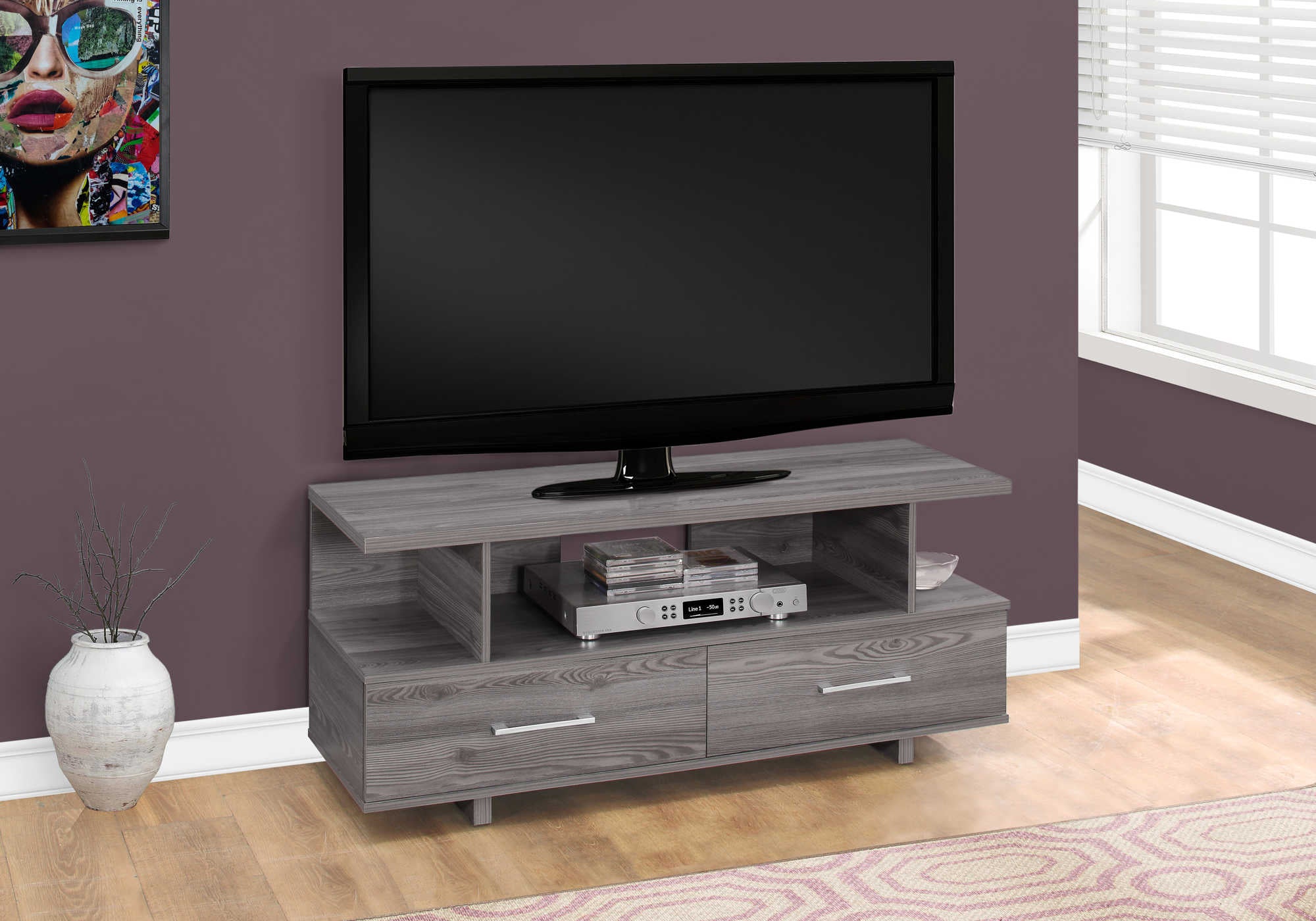 MEUBLE TV - 48"L / GRIS AVEC 2 TIROIRS DE RANGEMENT ( Meuble Mtl ) 