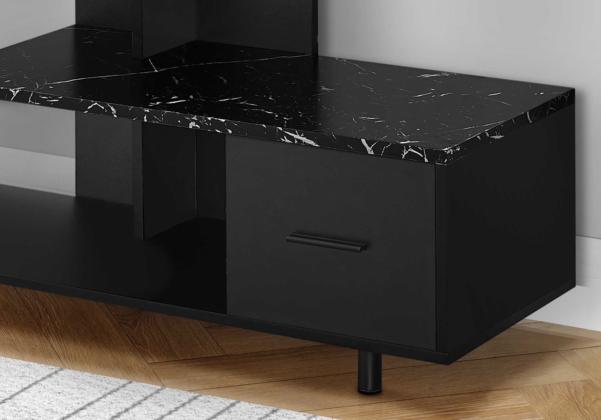 MEUBLE TV - 48"L / NOIR / DESSUS MARBRE NOIR / 1 TIROIR ( Meuble Mtl )