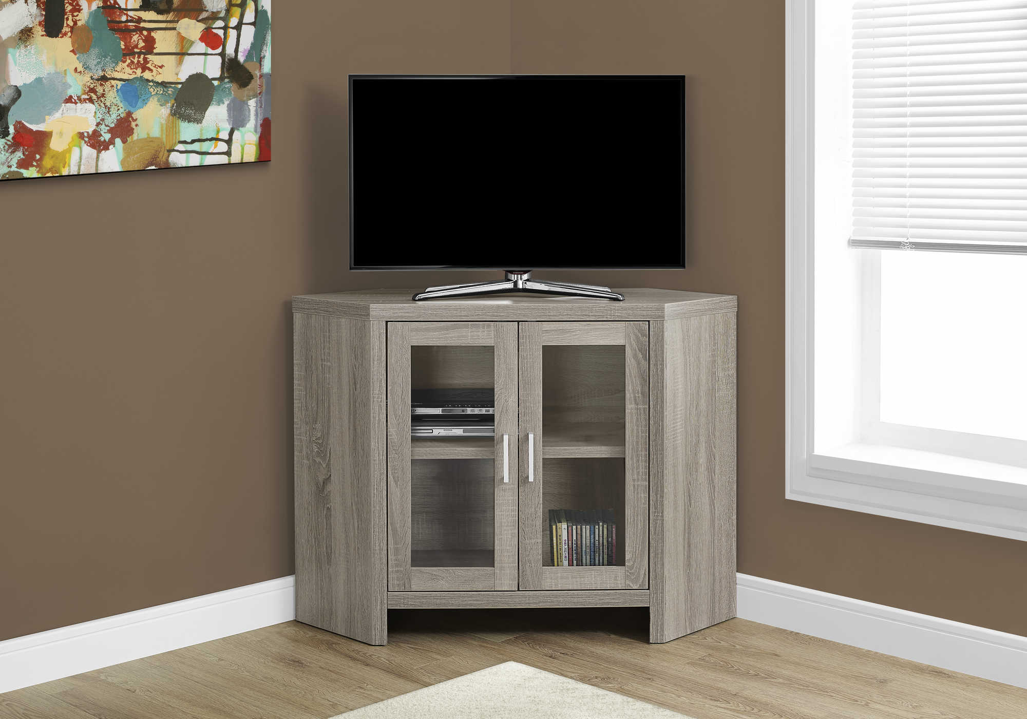 MEUBLE TV - 42"L / EN COIN TAUPE FONCÉ AVEC PORTES VITRÉES ( Meuble Mtl ) 