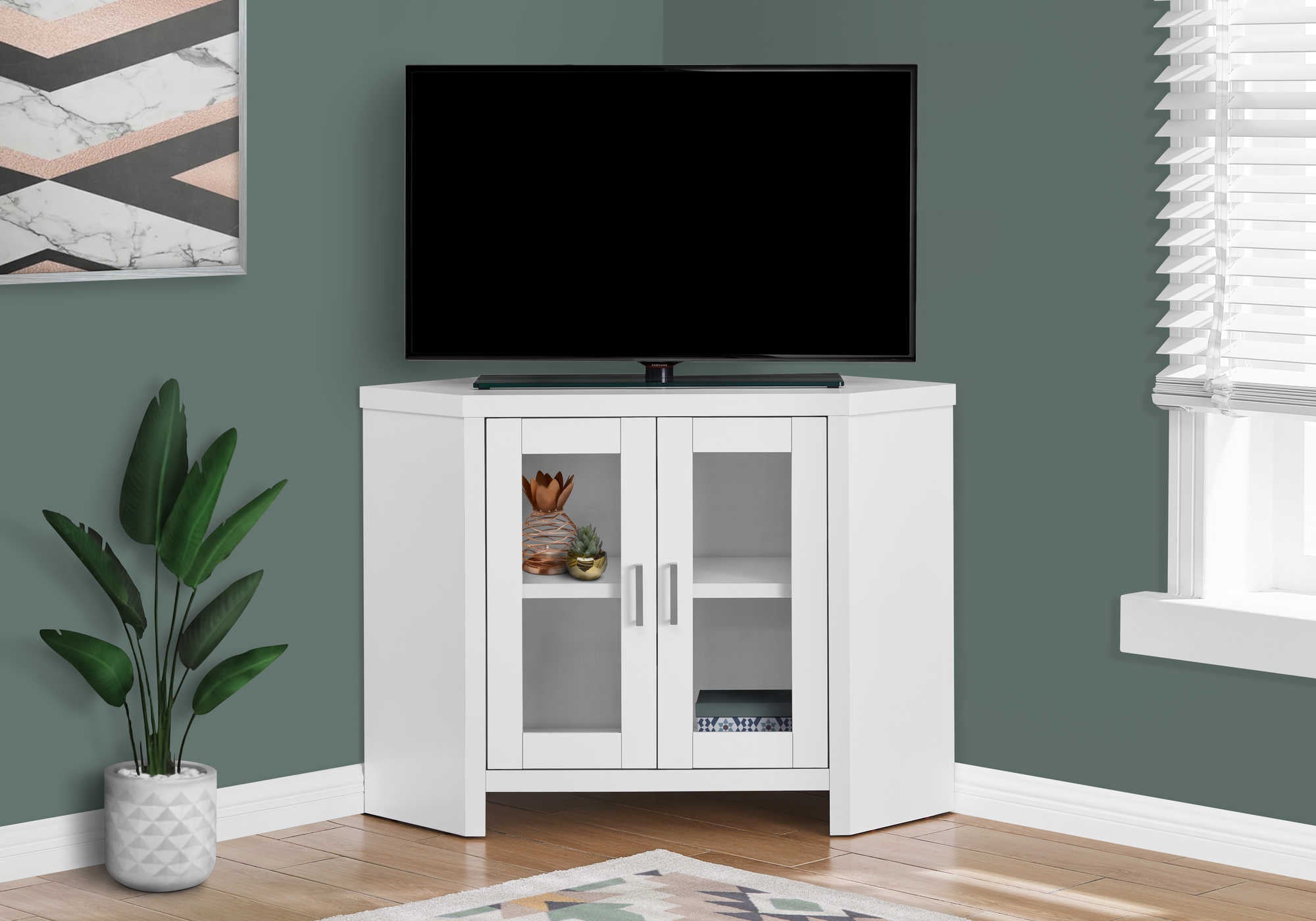 MEUBLE TV - 42"L / EN COIN BLANC AVEC PORTES VITRÉES( Meuble Mtl ) 