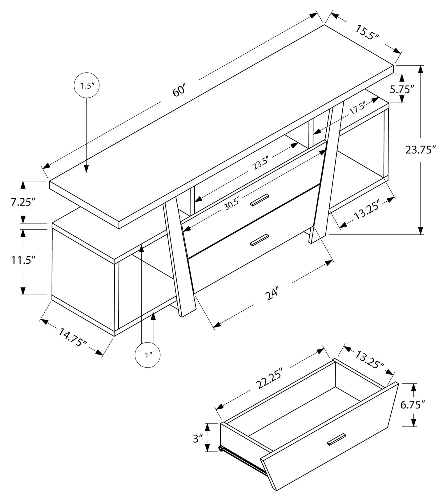 MEUBLE TV - 60"L / TAUPE FONCÉ AVEC 2 TIROIRS DE RANGEMENT ( Meuble Mtl ) 