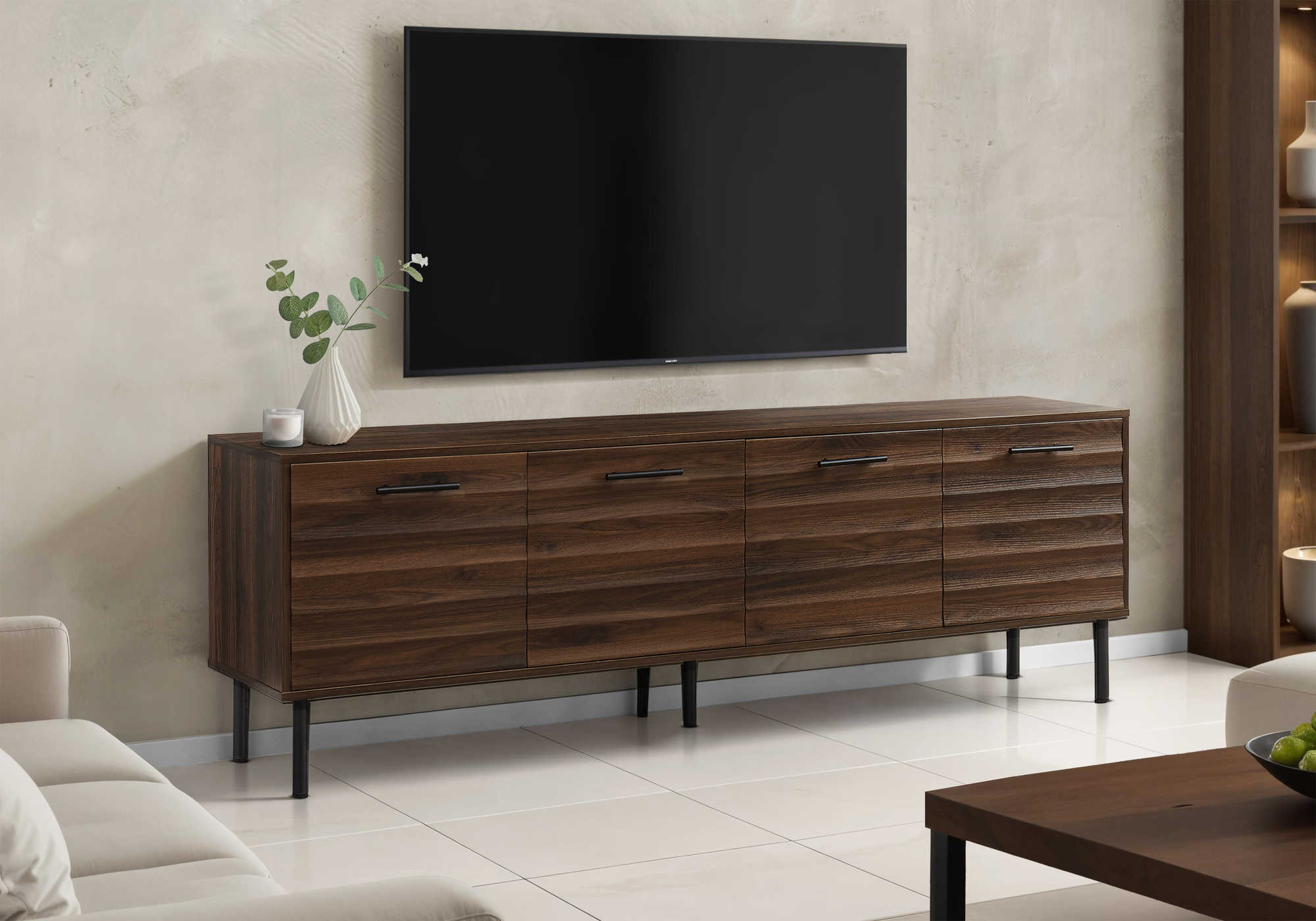 Meuble TV Monarch I 2727 — 72 pouces, fini bois brun foncé avec 4 portes