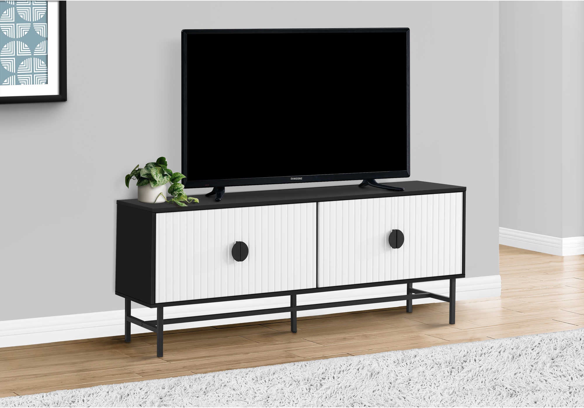 MEUBLE TV - 60"L / PORTES NOIRES / BLANCHES AVEC MÉTAL NOIR
