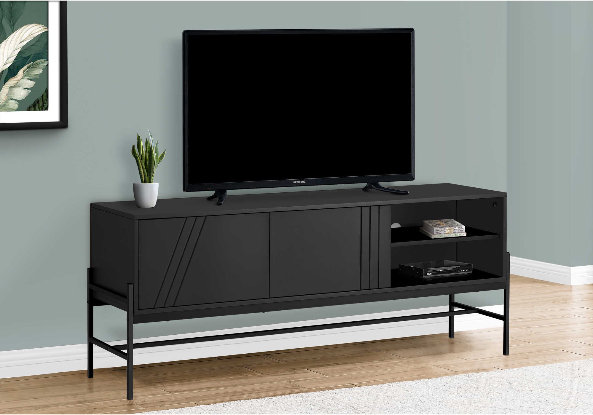 MEUBLE TV - 60"L / NOIR / MÉTAL NOIR AVEC RANGEMENT