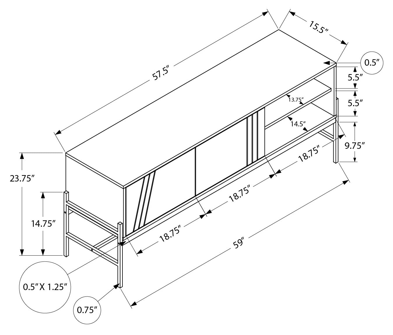 MEUBLE TV - 60"L / NOIR / MÉTAL NOIR AVEC RANGEMENT