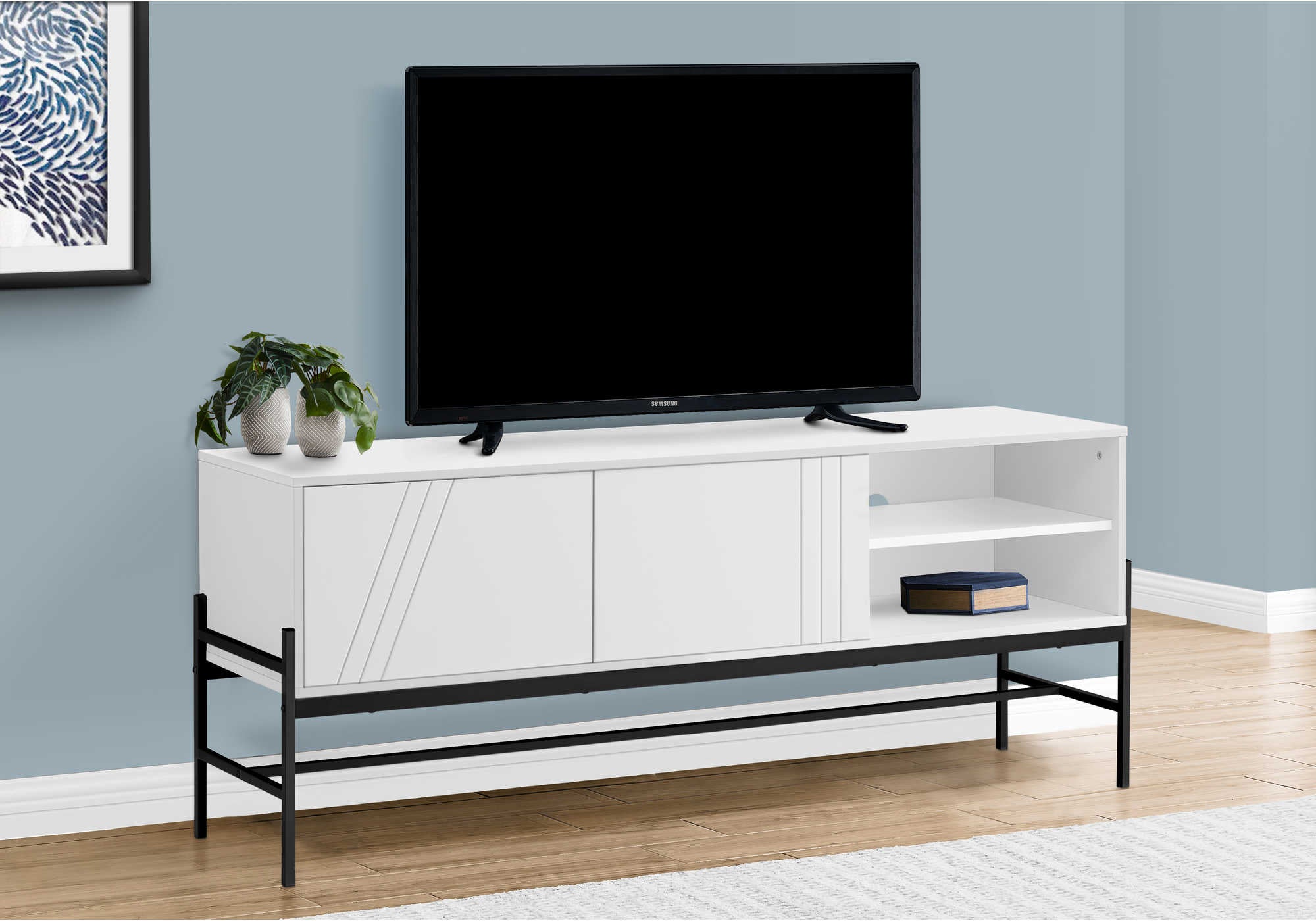 MEUBLE TV - 60"L / BLANC / MÉTAL NOIR AVEC RANGEMENT
