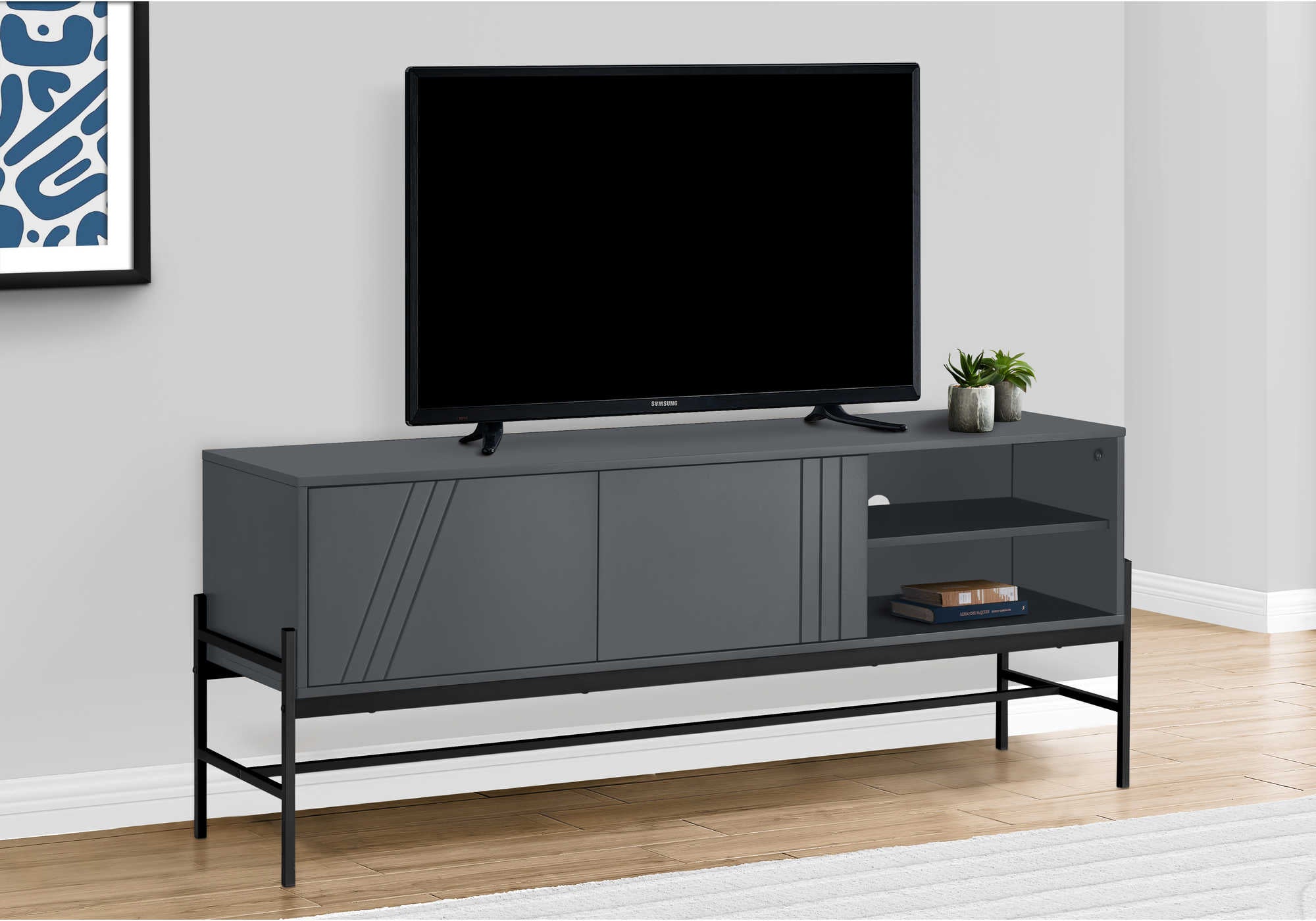 MEUBLE TV - 60"L / MÉTAL GRIS / NOIR AVEC RANGEMENT