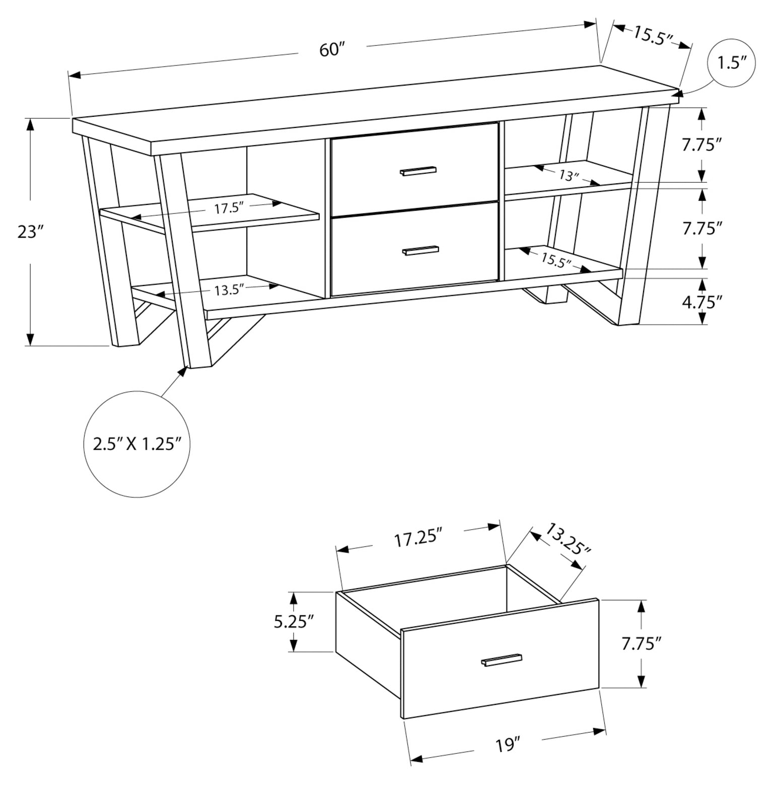 MEUBLE TV - 60"L / GRIS-NOIR AVEC 2 TIROIRS DE RANGEMENT ( Meuble Mtl ) 