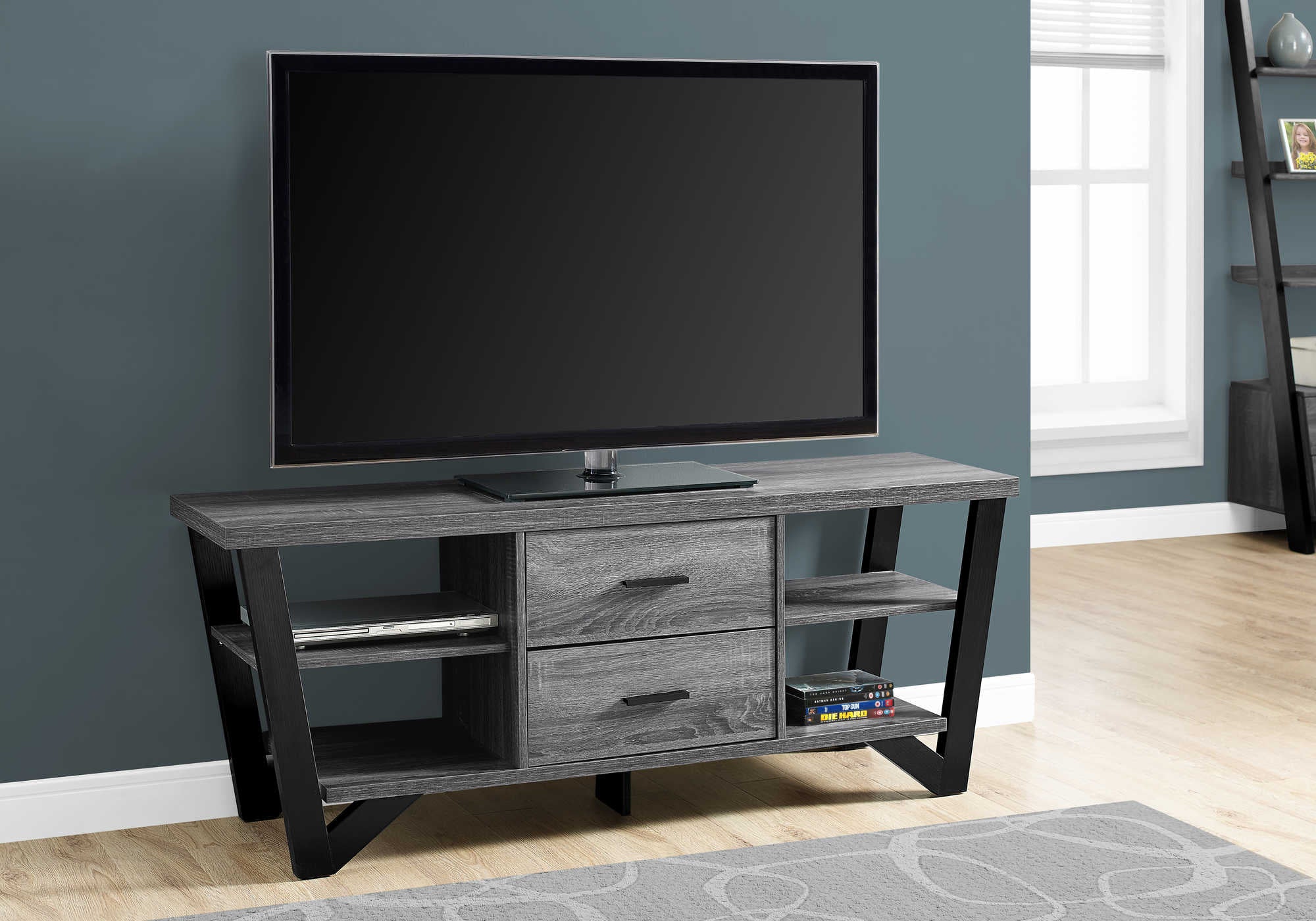 MEUBLE TV - 60"L / GRIS-NOIR AVEC 2 TIROIRS DE RANGEMENT ( Meuble Mtl ) 