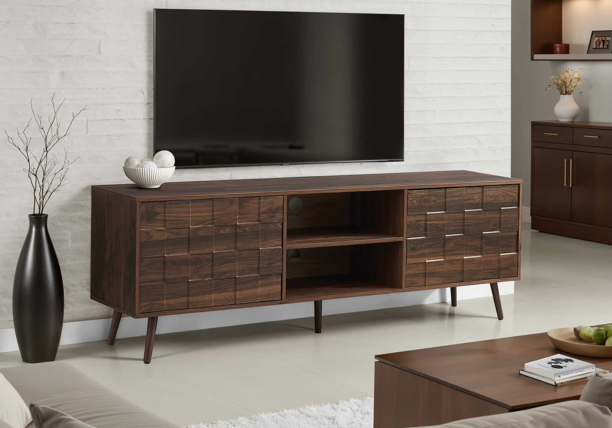 Meuble TV Noyer Foncé 72" — Console Mid-Century avec Rangement