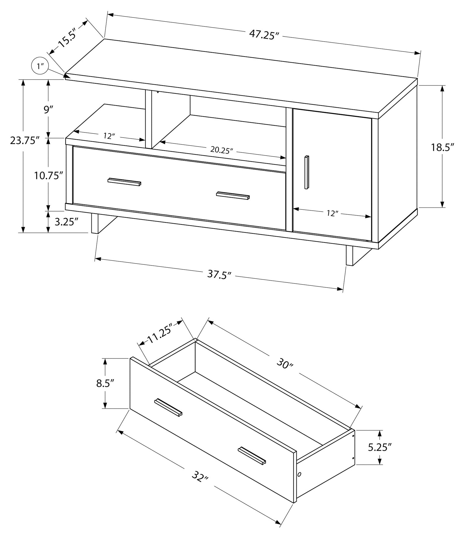 MEUBLE TV - 48"L / NOIR / DESSUS GRIS AVEC RANGEMENT ( Meuble Mtl ) 