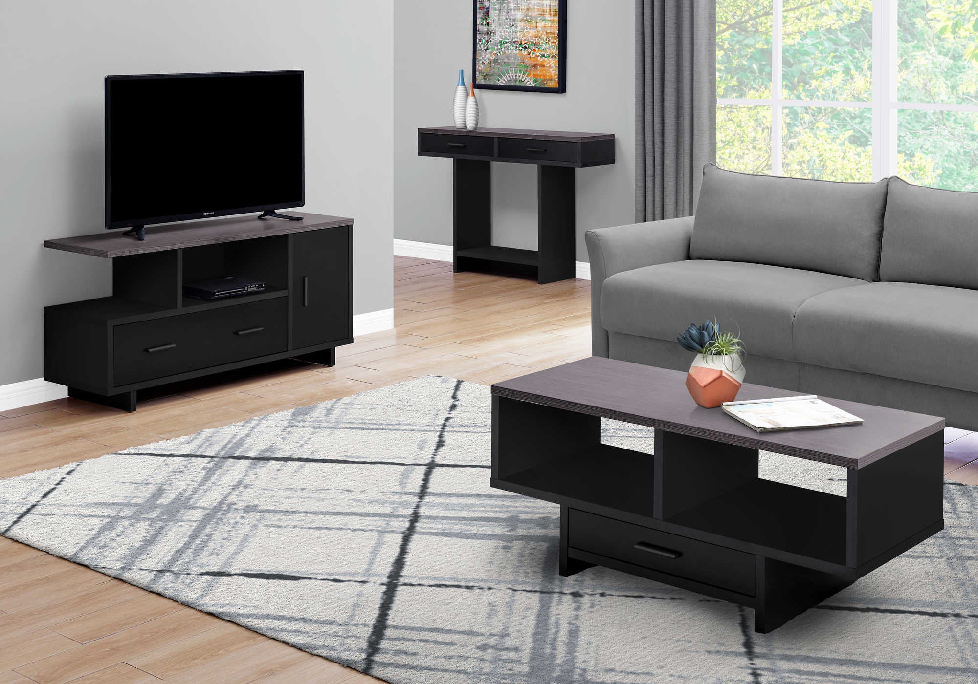 MEUBLE TV - 48"L / NOIR / DESSUS GRIS AVEC RANGEMENT ( Meuble Mtl ) 