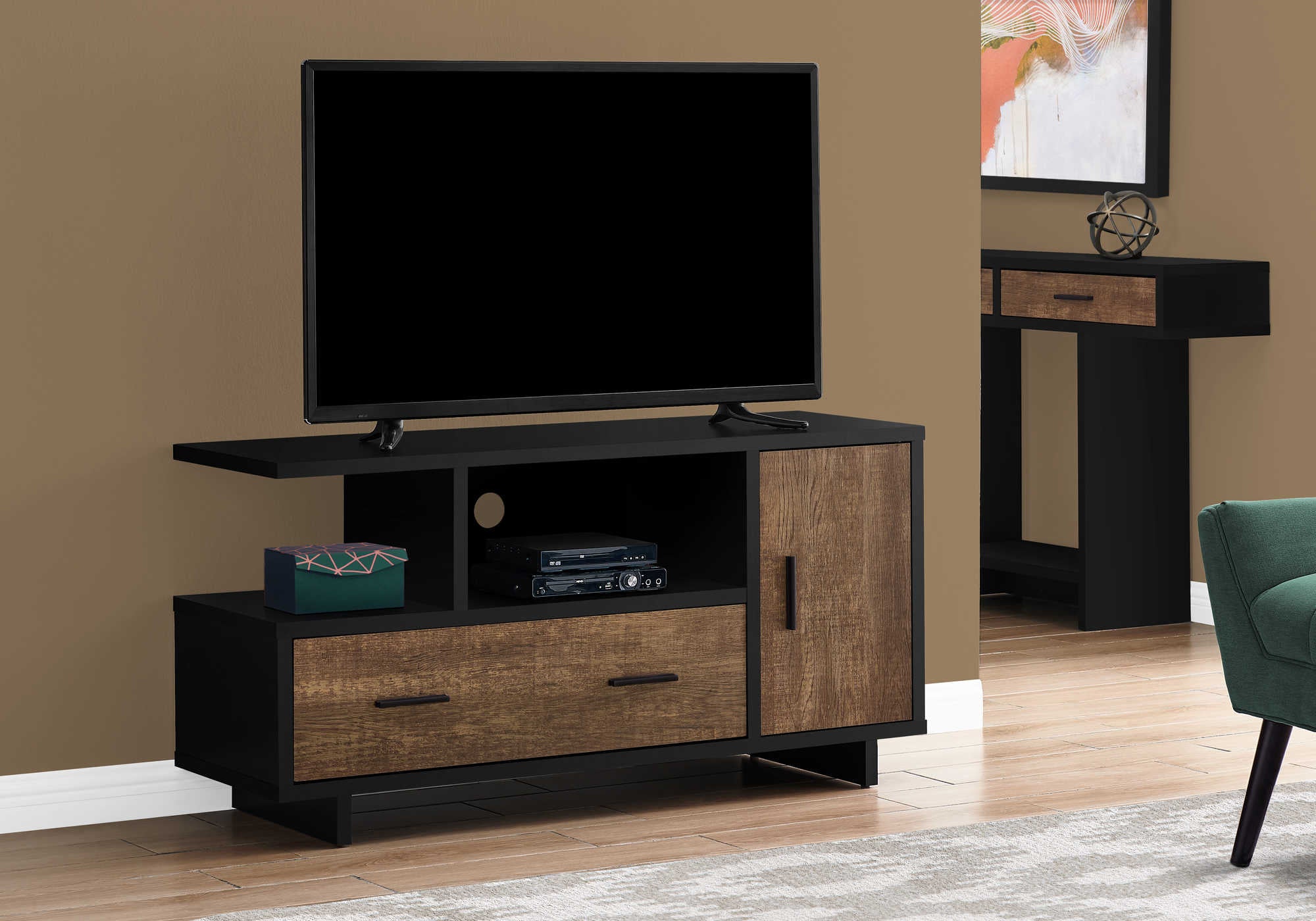 MEUBLE TV - 48"L / NOIR / SIMILI BOIS BRUN ( Meuble Mtl ) 