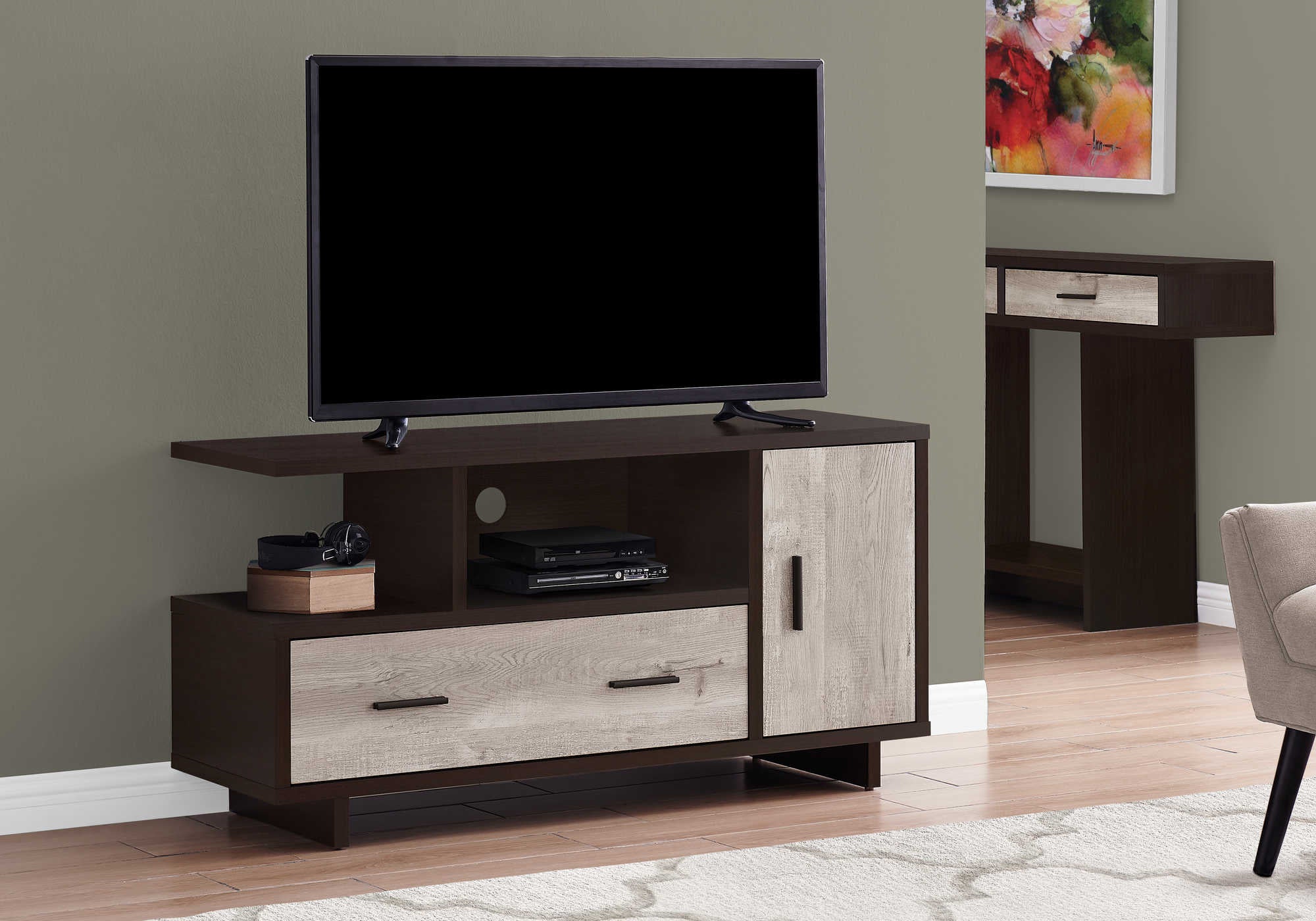 MEUBLE TV - 48"L / ESPRESSO / ASPECT BOIS TAUPE ( Meuble Mtl ) 