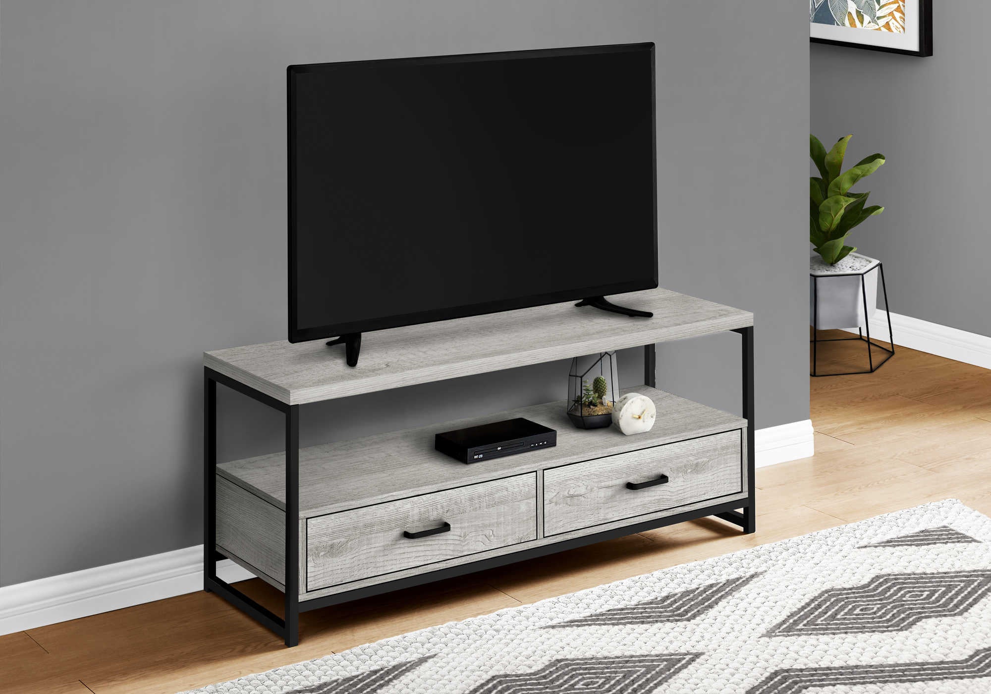 Console Média 48 Pouces Gris Aspect Bois avec Tiroirs Métal Noir