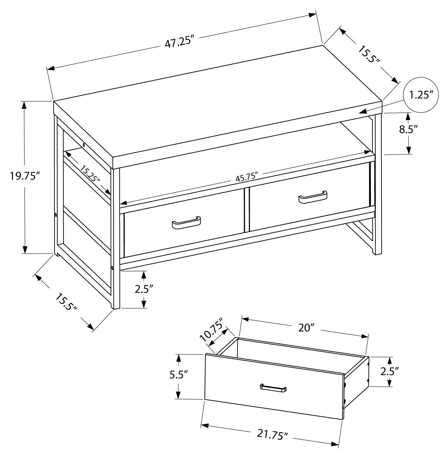 Console Média 48 Pouces Gris Aspect Bois avec Tiroirs Métal Noir