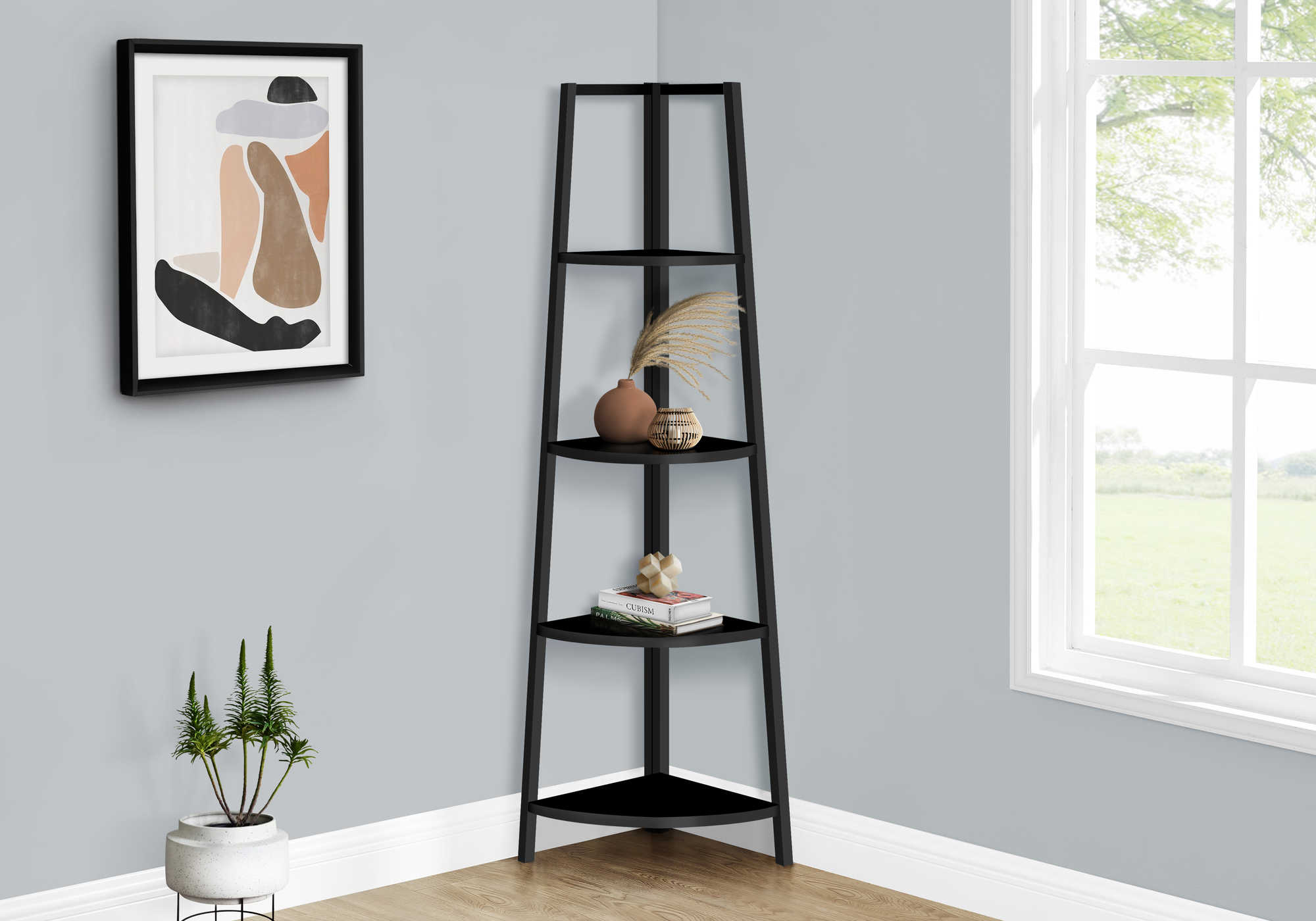 BIBLIOTHEQUE - 60"H / NOIR / ETAGERE EN COIN METAL NOIR ( Meuble Mtl )