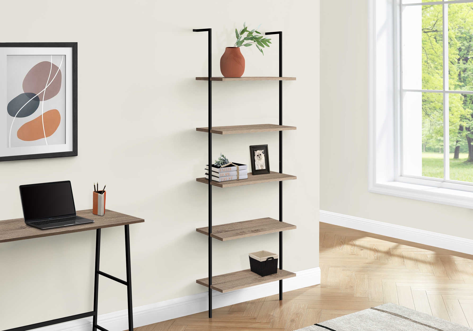 BIBLIOTHÈQUE - ÉCHELLE 72"H TAUPE FONCÉ / MÉTAL NOIR 