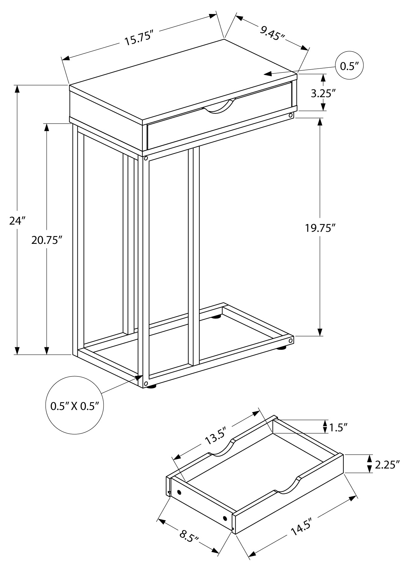 TABLE D'APPOINT - 25"H / BLANC / METAL NOIR ( Meuble Mtl ) 