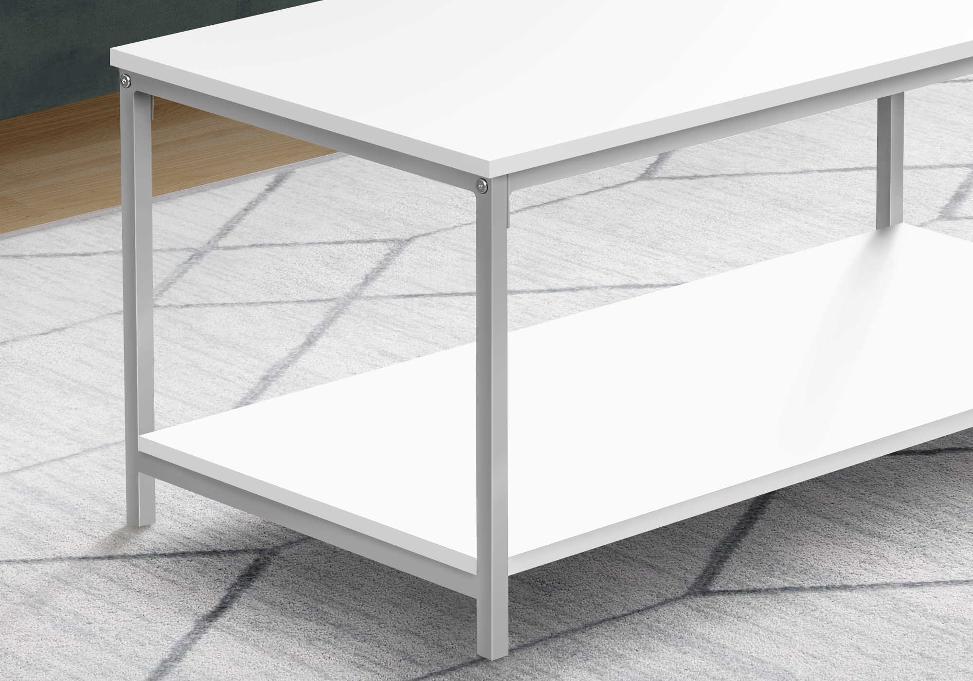 TABLE BASSE - 40"L / BLANC / METAL ARGENT ( Meuble Mtl )