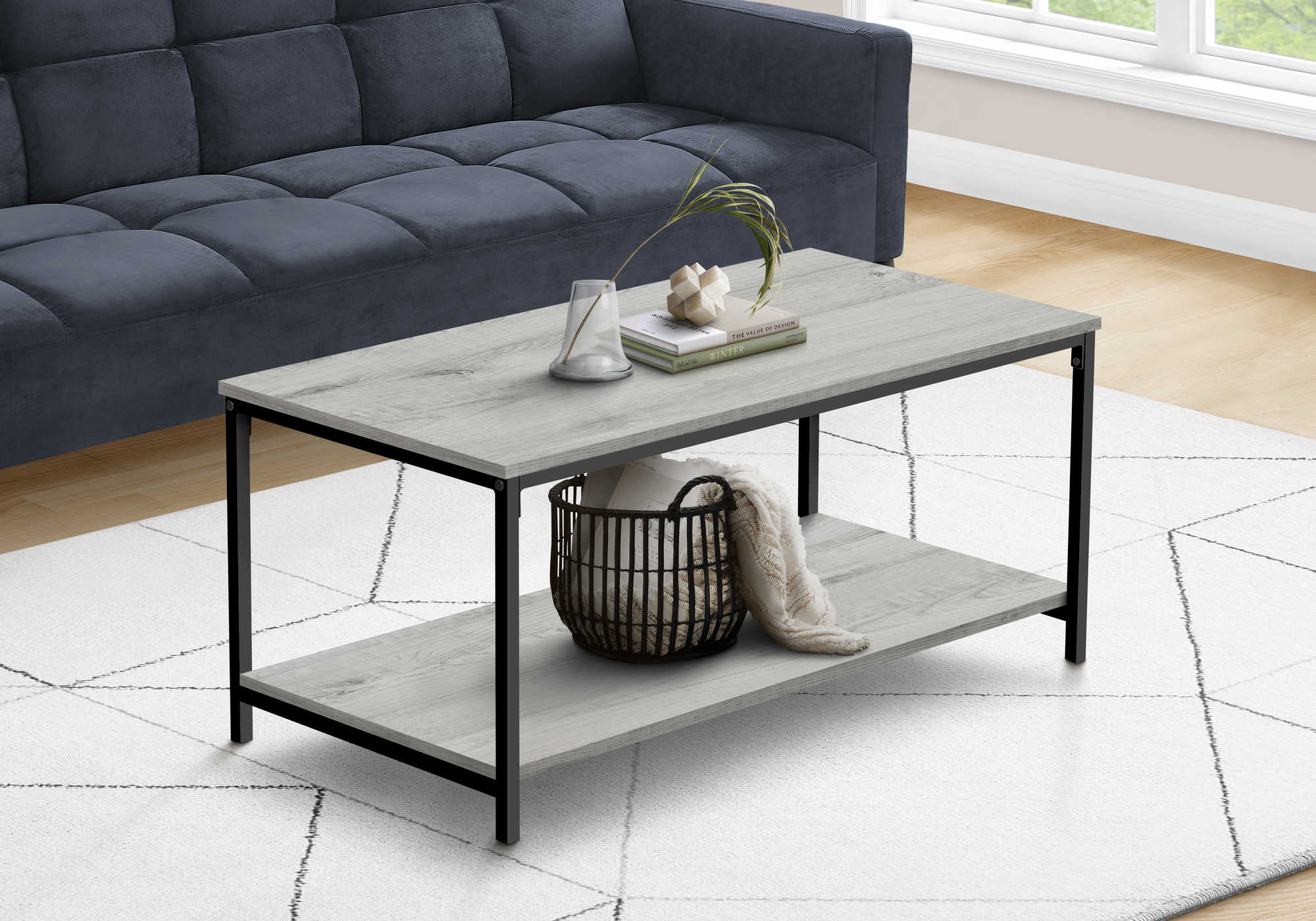 TABLE BASSE - 40"L / GRIS / METAL NOIR ( Meuble Mtl ) 
