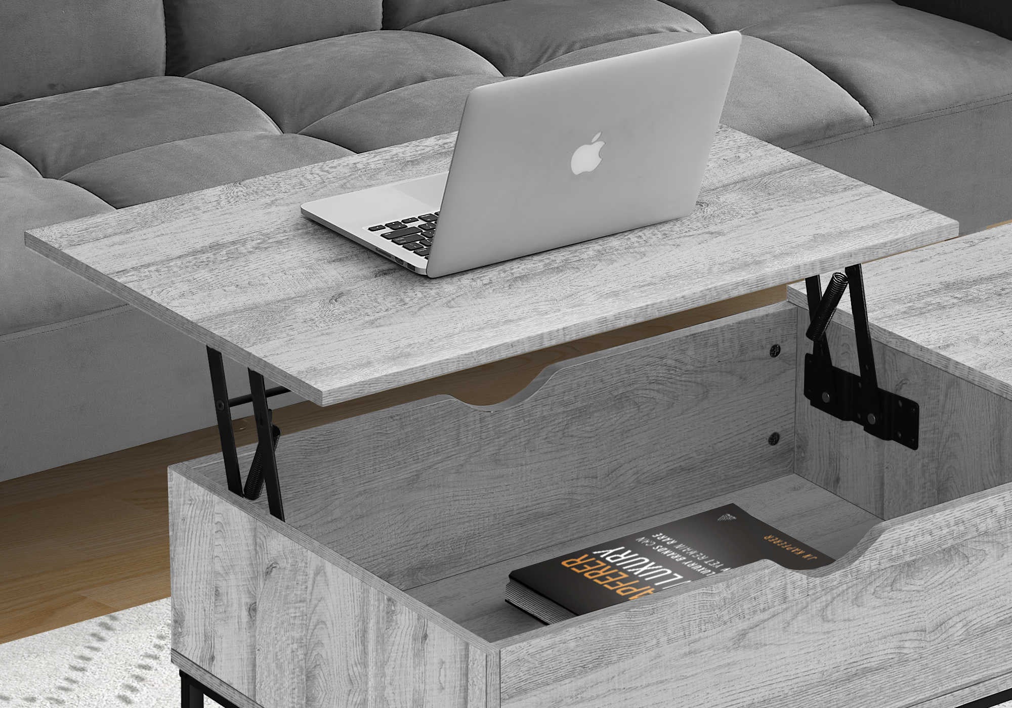 Table Basse Design avec Rangement - 107cm Gris / Piètement Métal Noir
