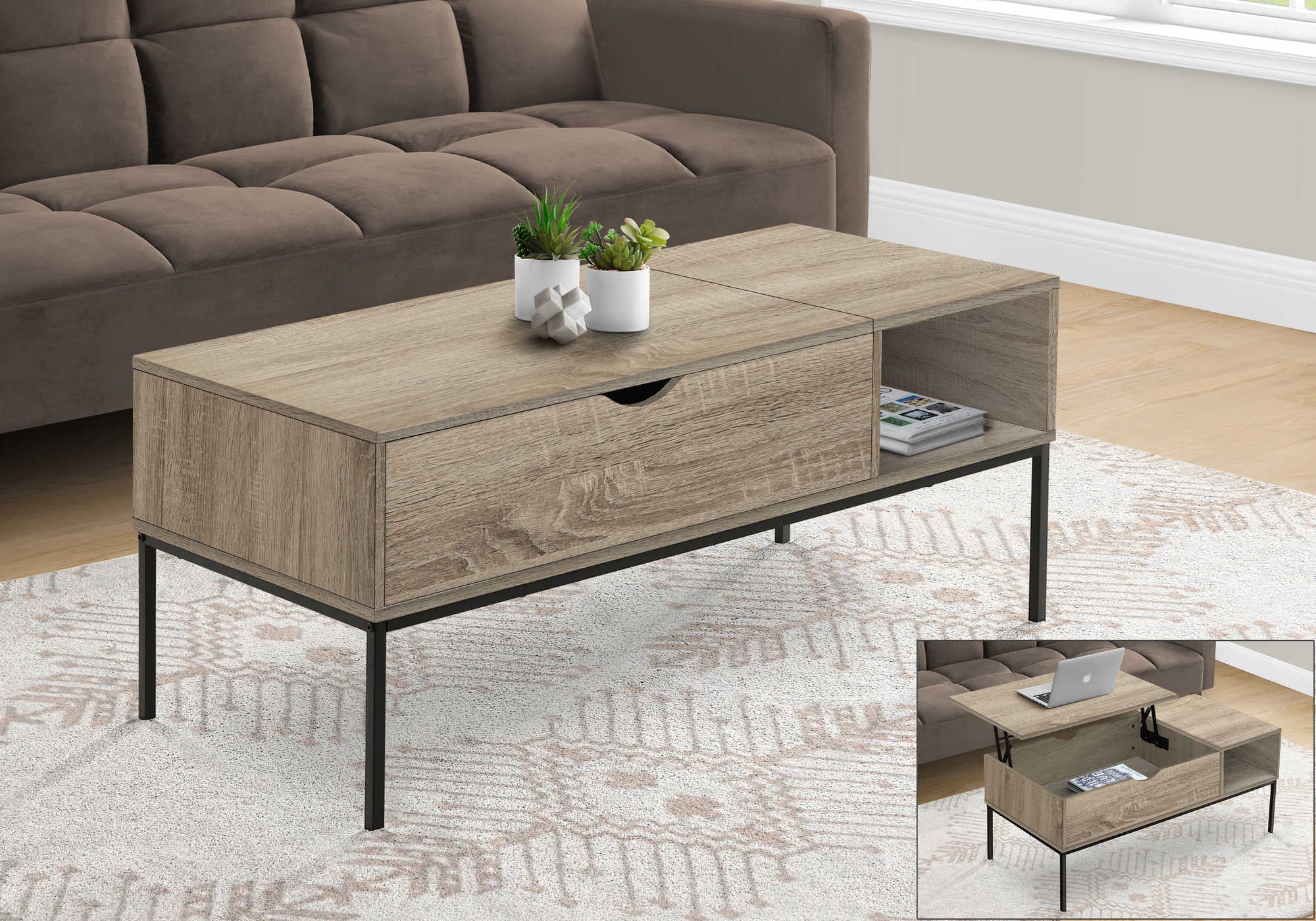 TABLE BASSE - 42"L / PLATEAU ÉLEVABLE TAUPE FONCÉ / MÉTAL NOIR