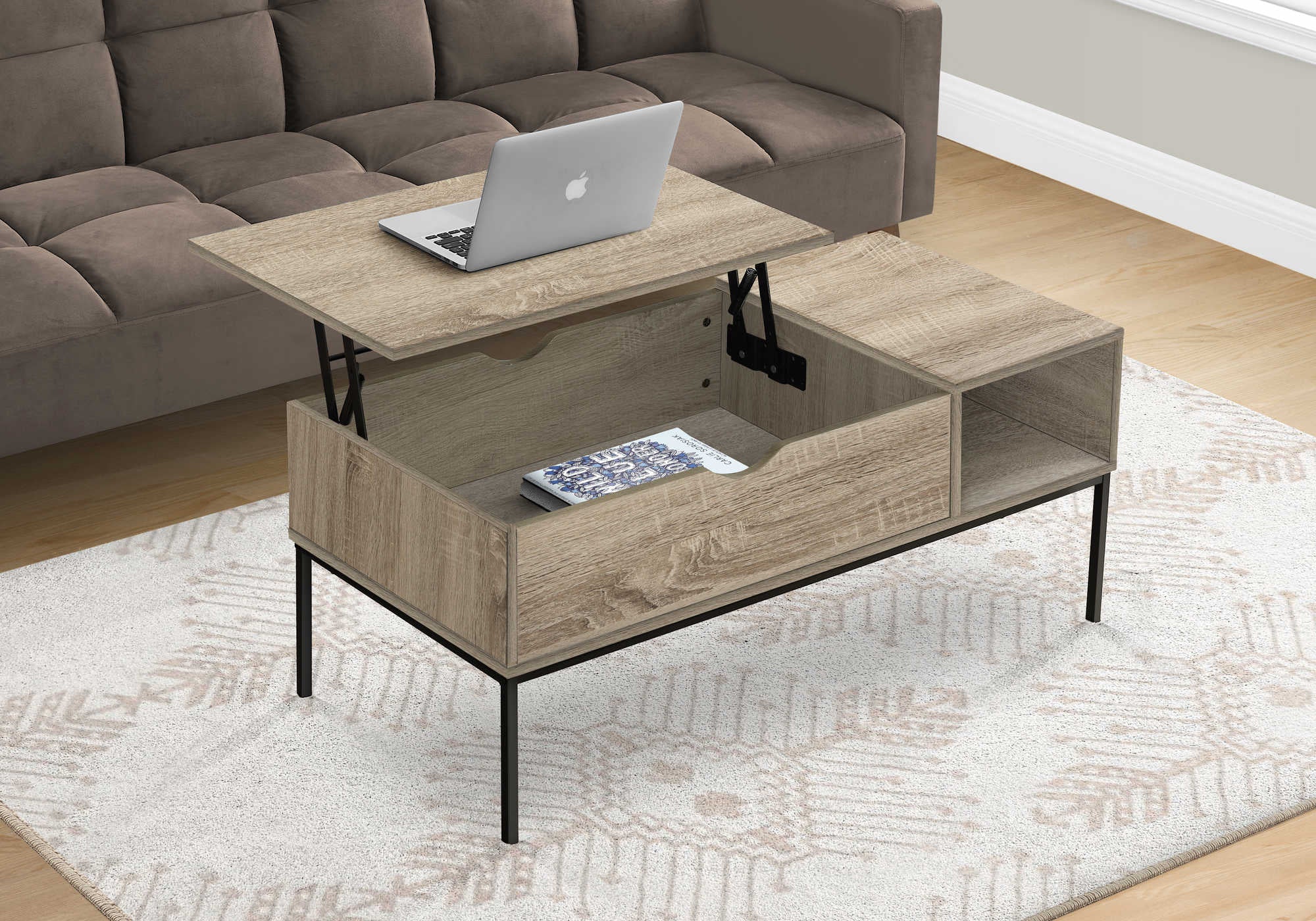 TABLE BASSE - 42"L / PLATEAU ÉLEVABLE TAUPE FONCÉ / MÉTAL NOIR