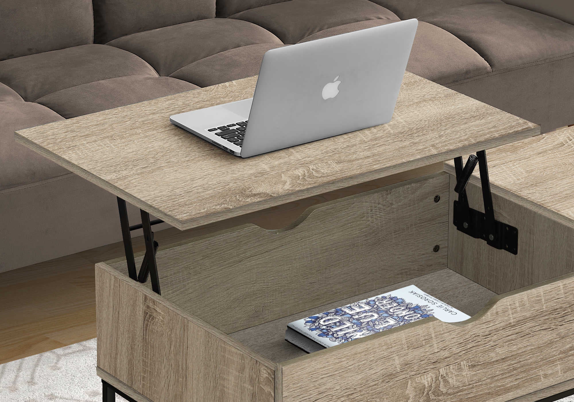TABLE BASSE - 42"L / PLATEAU ÉLEVABLE TAUPE FONCÉ / MÉTAL NOIR