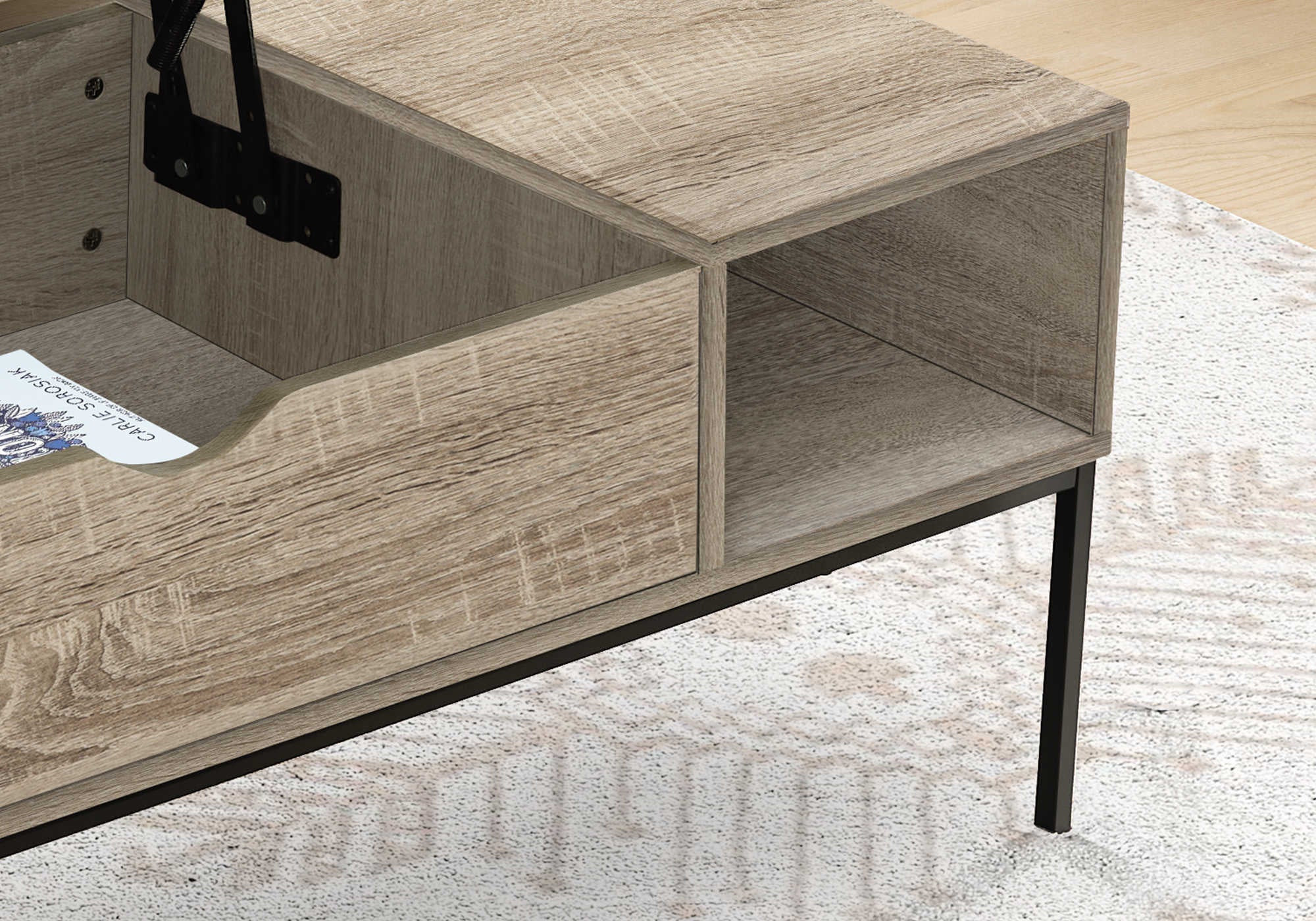 TABLE BASSE - 42"L / PLATEAU ÉLEVABLE TAUPE FONCÉ / MÉTAL NOIR