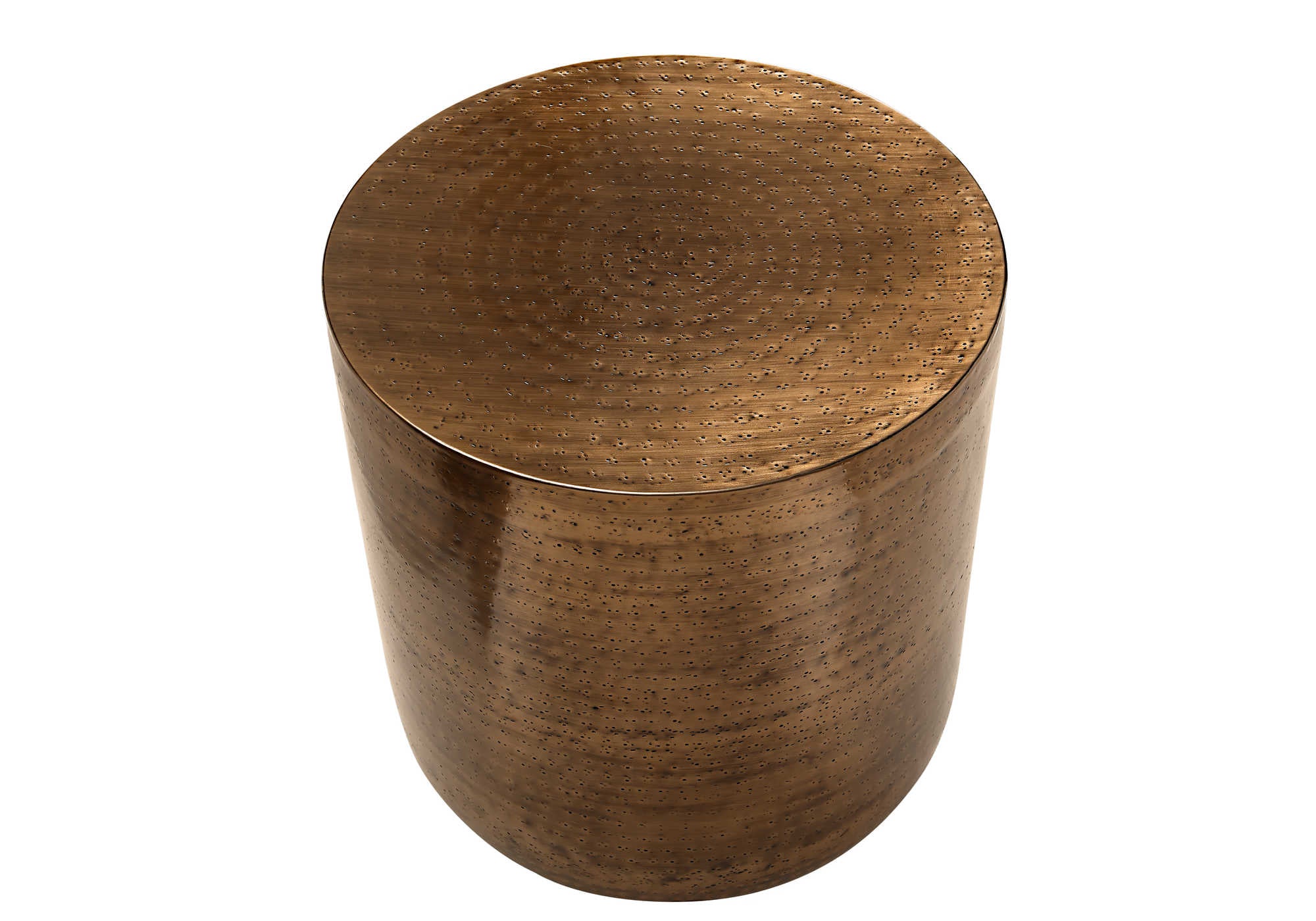 TABLE D'ACCENT - 22"H / EXTRÉMITÉ DU TAMBOUR EN FER CUIVRE ANTIQUE