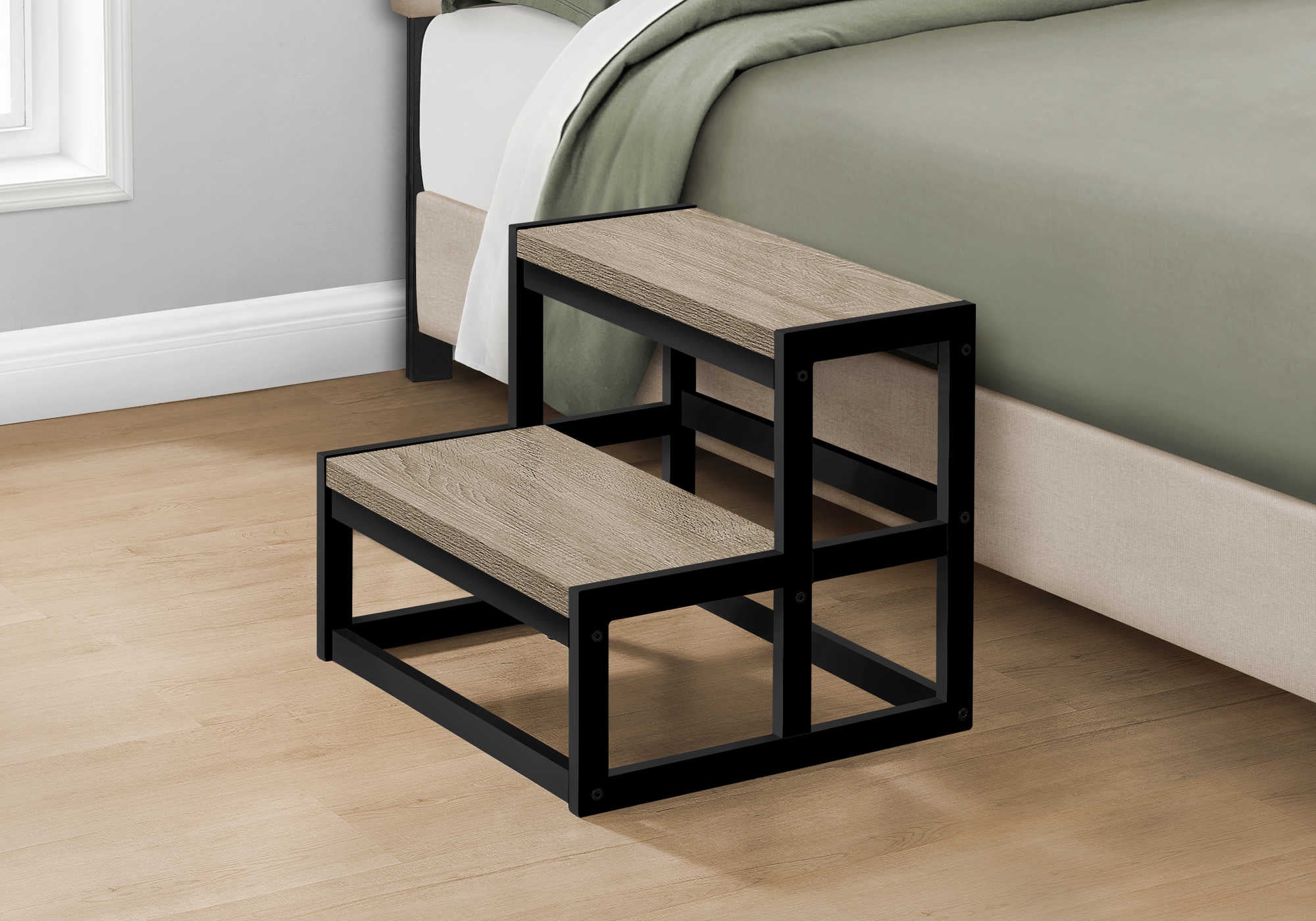 ÉCHELLE - TABOURET 2 MARCHES / TAUPE FONCÉ / MÉTAL NOIR